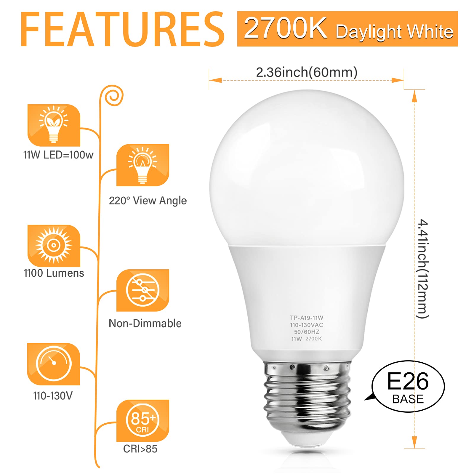 MAXvolador A19 LED Light Bulbs, 12-Pack, 100W Equivalent, 5000K Daylight White, E26 Base, CRI 85+, Non-Dimmable