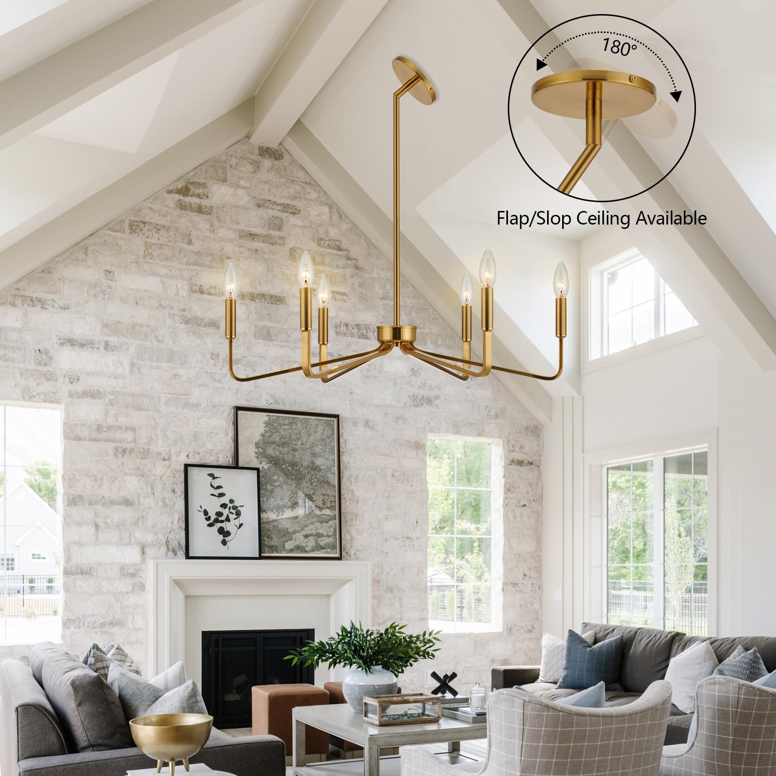 ACANER 6-Light Gold Farmhouse Chandelier, Brushed Brass Metal Lighting for Dining Room, Living Room, Kitchen Island - Model 955a8b0c