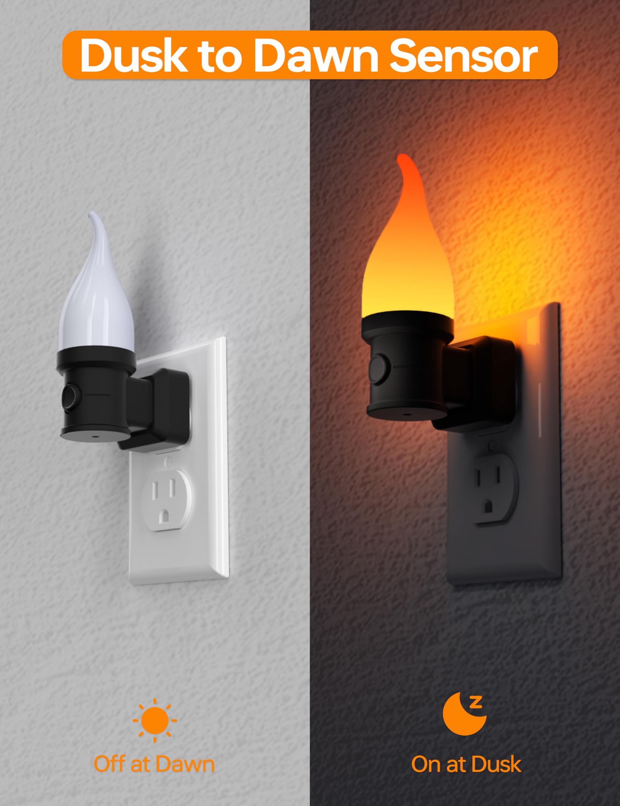 KINDEEP Flickering Candle Night Light 2 Pack, Amber, Plug-in with Dusk to Dawn Sensor, Flameless for Home Decor and Halloween