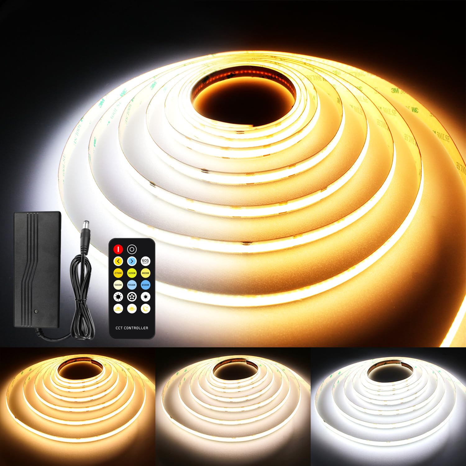 Cct Cob Led Strip Lights, 32.8Ft Dimmable 2700K-6500K 24V Tunable White Led Light Strip Kit, High Density Cri 90+ Led Strips With Remote Controller And Power Supply, For Bedroom Kitchen Home Lighting