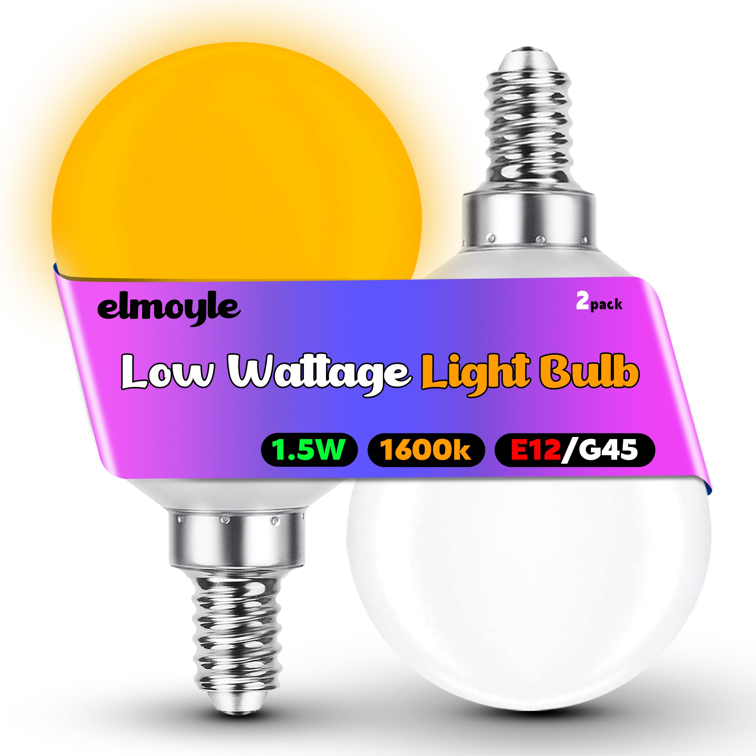 Elmoyle E12 Low Brightness Light Bulbs Amber 1600k 130lm, 1.5w Low Wattage Light Bulb 15W Equivalent, A15 Warm Light, E12 Low Ni