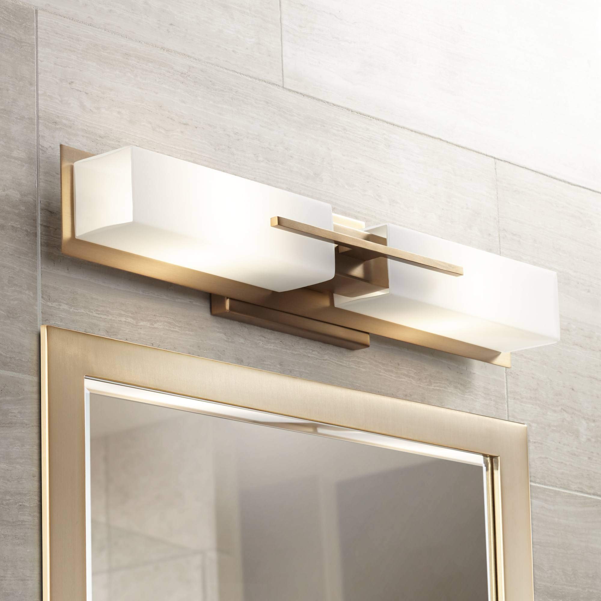 Possini Euro Design Midtown Modern Wall Light Burnished Brass Gold Metal Hardwired 23 1/2'' 2-Light Fixture White Glass Shade Fo