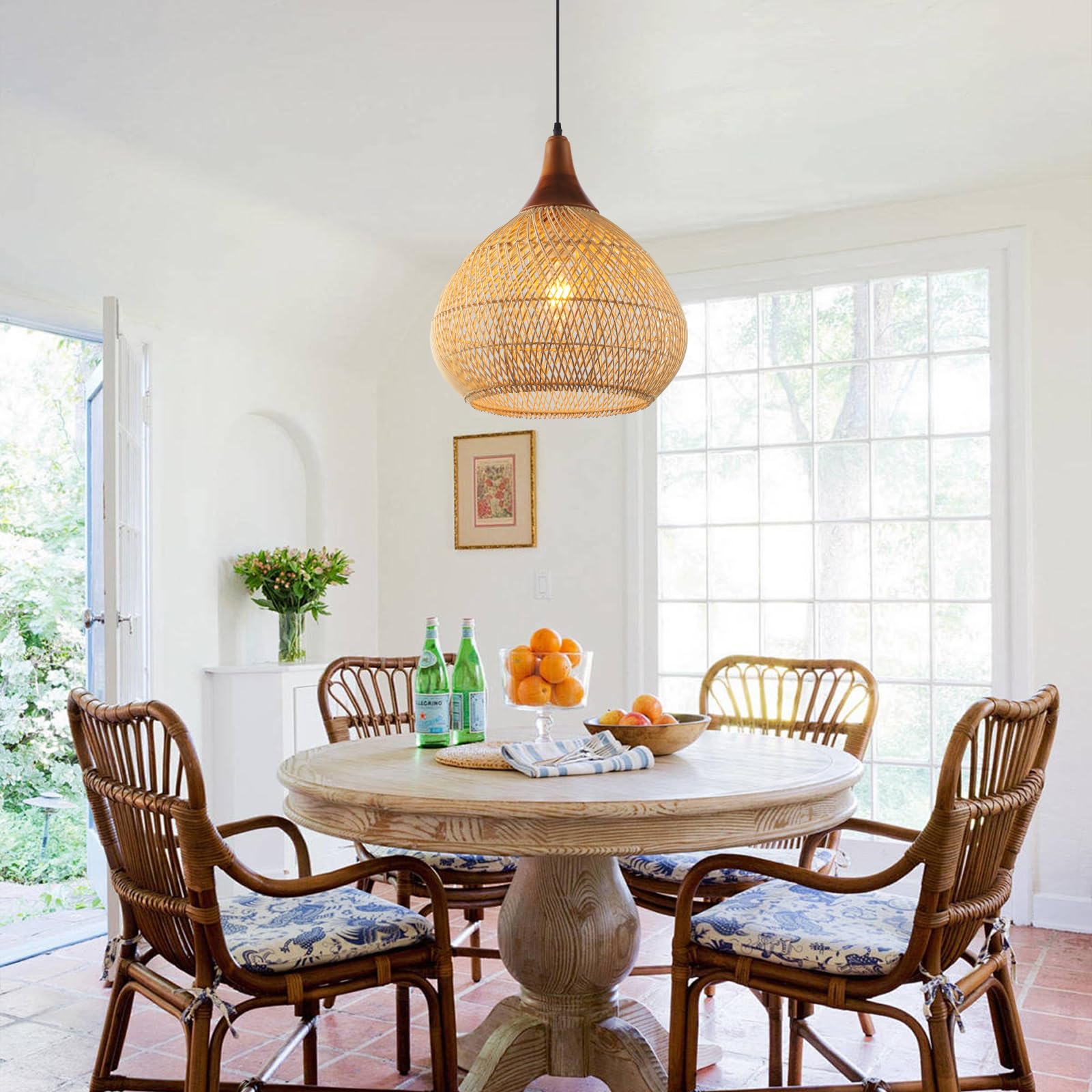 Karjearl Rattan Pendant Light, 15.7" Hand-Woven Chandelier, Wood Raindrop Light, Model LT30-RA-1P for Dining Room, Kitchen, Living