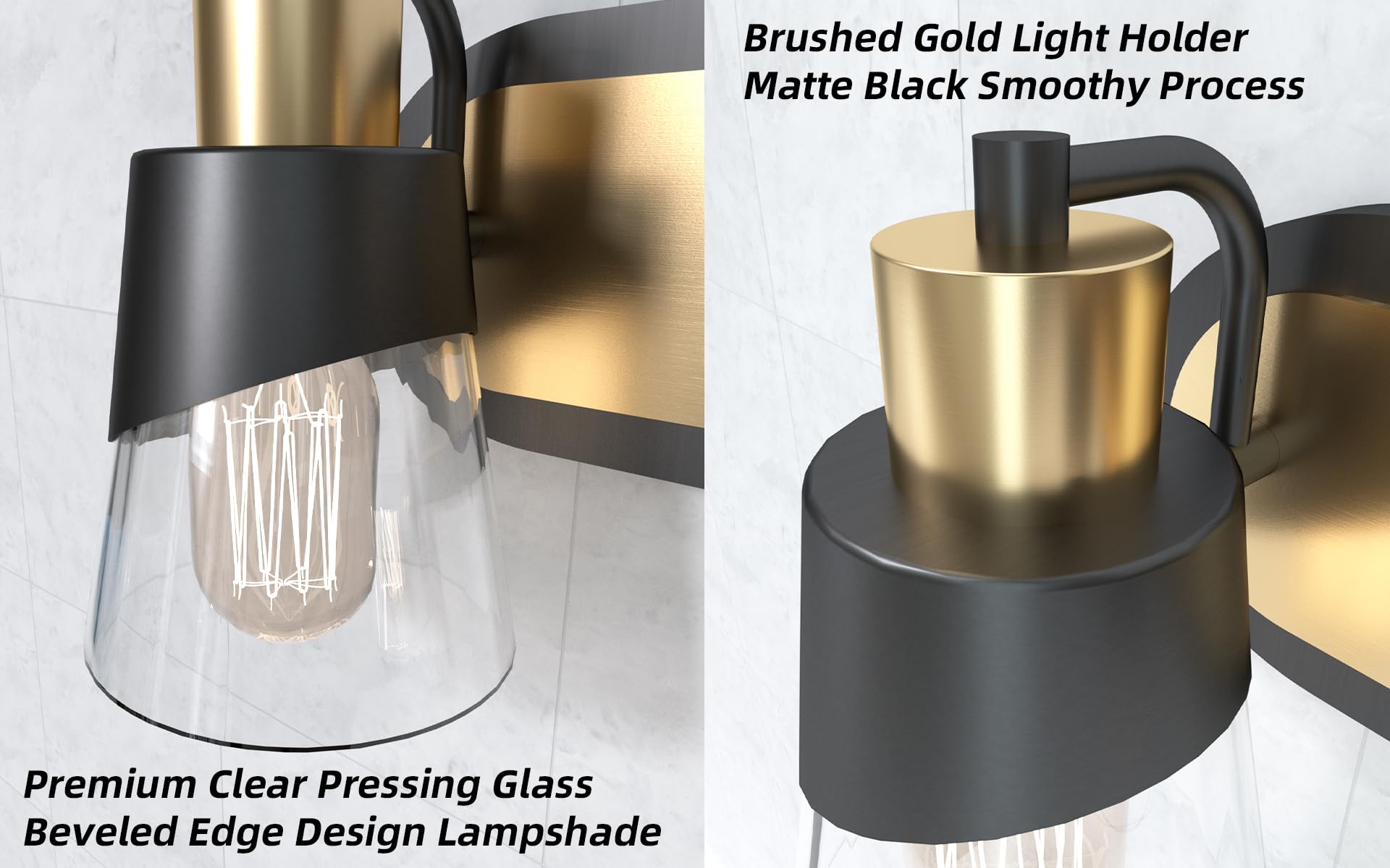 Ursola Bathroom Vanity Light, 3 Lights Bathroom Light Fixtures, 19.7 Inch Bathroom Light Fixtures Over Mirror Black And Gold, With Bevelled Edge And Clear Glass Shade Wall Lamp
