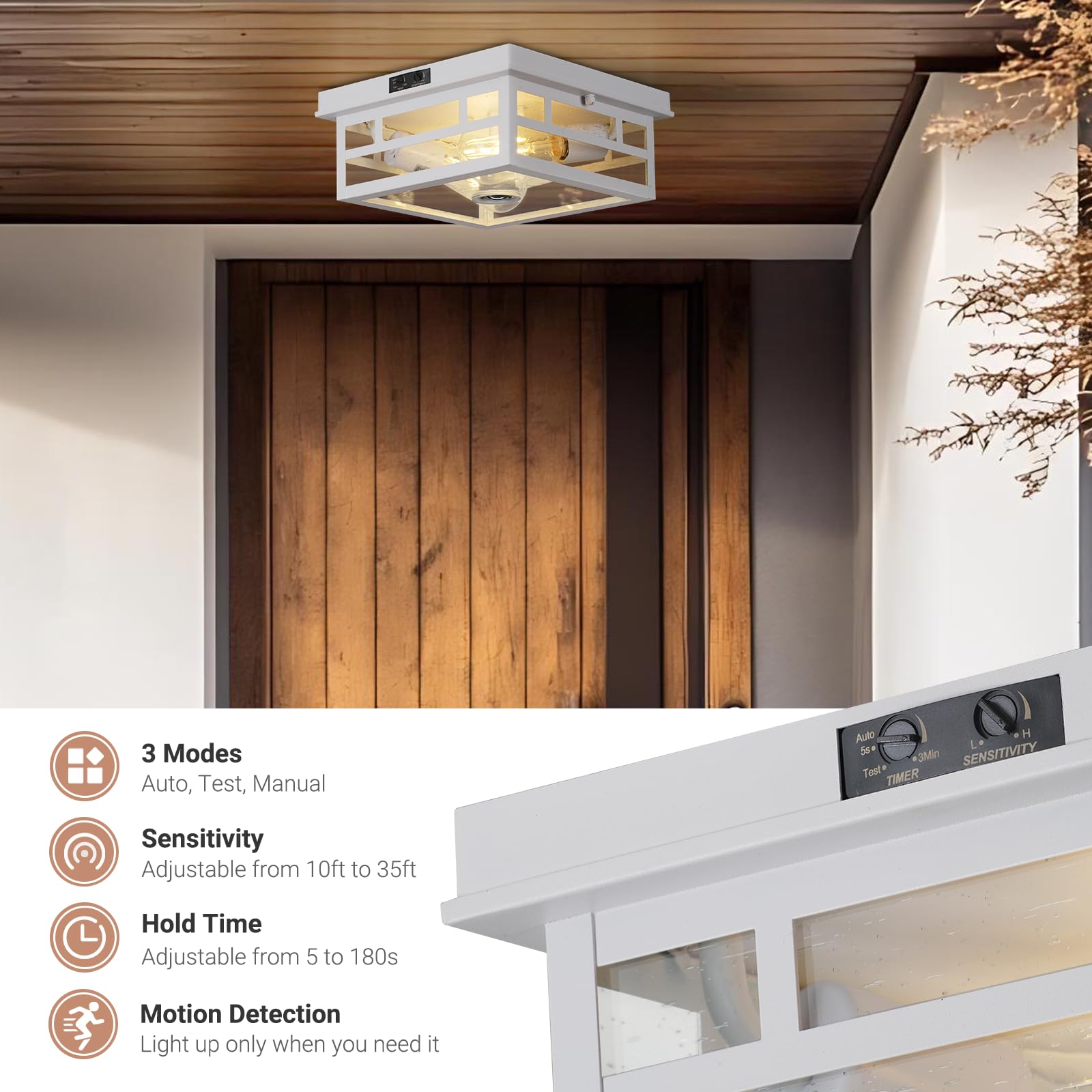 CALOKES Outdoor Flush Mount Motion Sensor Ceiling Light - Industrial Design, Seeded Glass, White, Model CL-MS-0001-W