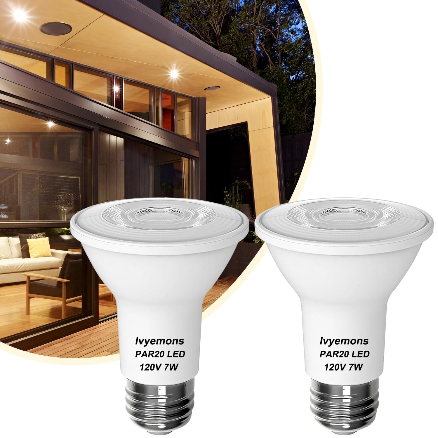 Par20 Led Bulb 3000K Warm White, 2 Pack Ivyemons Super Bright 480Lm Par20 Dimmable Led Bulbs 7W, Equivalent 50W, No Flicker Par 