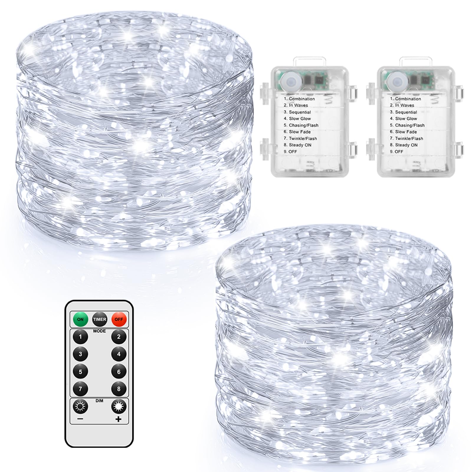 2 Pack 100 LED Fairy Lights Battery Operated with Timer & Remote  33FT Waterproof Twinkle Lights Indoor Outdoor  Fairy String lights for Bedroom Classroom DIY Wedding Christmas Decorations  Cool White