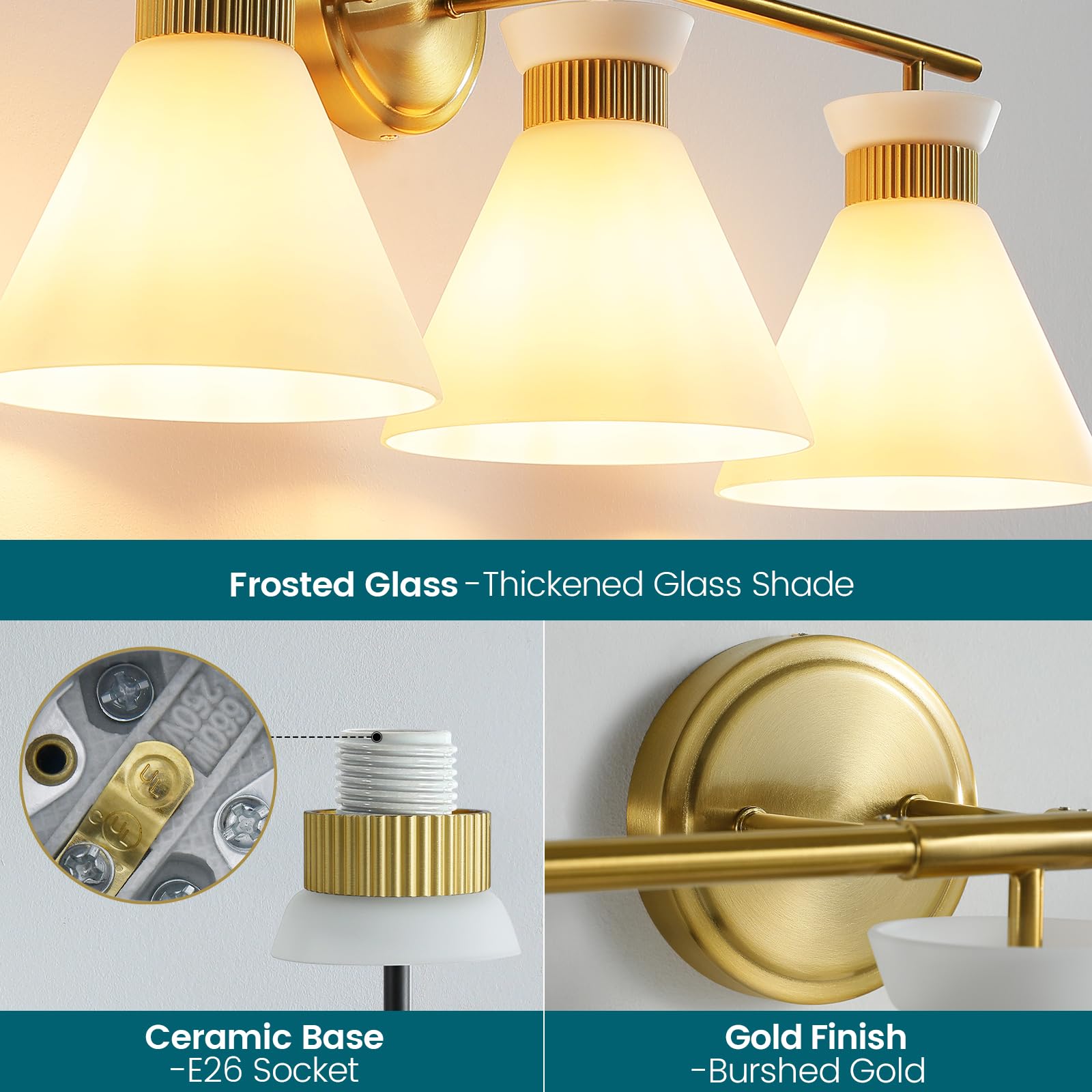 WOSHITU 3-Light Bathroom Vanity Light Fixture, Brushed Gold Metal Sconce with Frosted Glass Shade, Model 8090ML-03GD-US