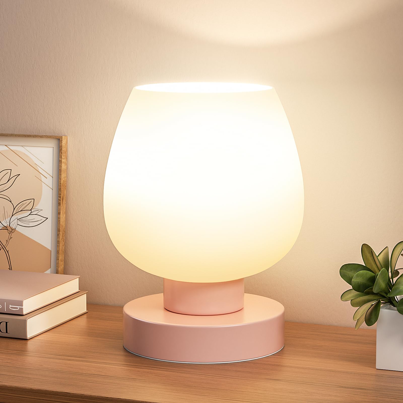 Seealle Pink Touch Table Lamp for Nightstand - Small Bedside Lamp for Bedroom Living Room Night Stands  Desk Lamp with White Glass Shade for Small Spaces  3 Way Dimmable  LED Bulbs