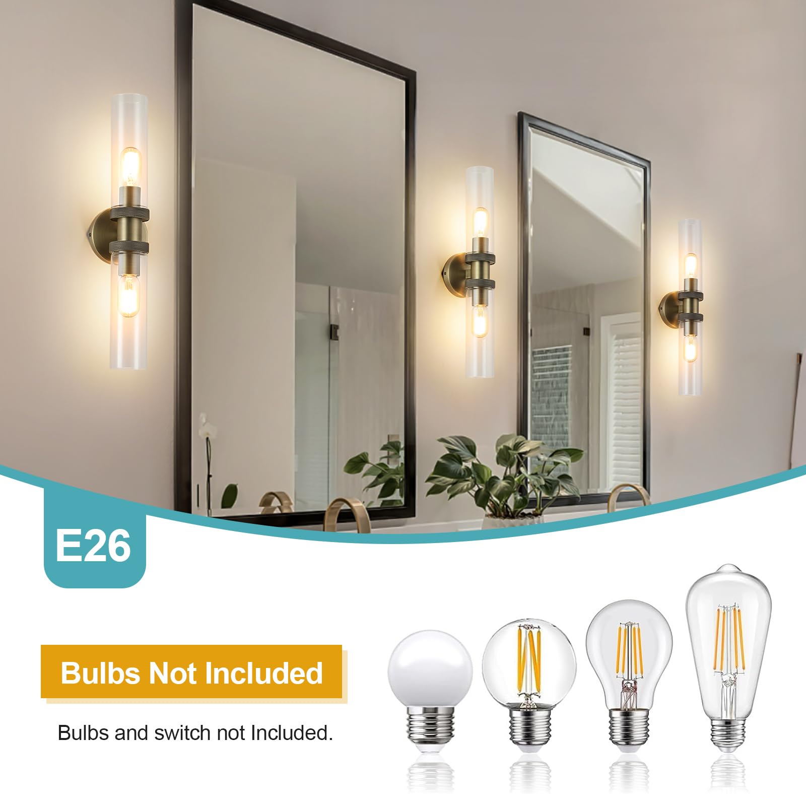 Ecobrt 2 Light Bathroom Vanity Light Brushed Bronze, E26 Bathroom Light Fixtures Side Mirror,Hallway Vanity Lights Fixtures, Mod