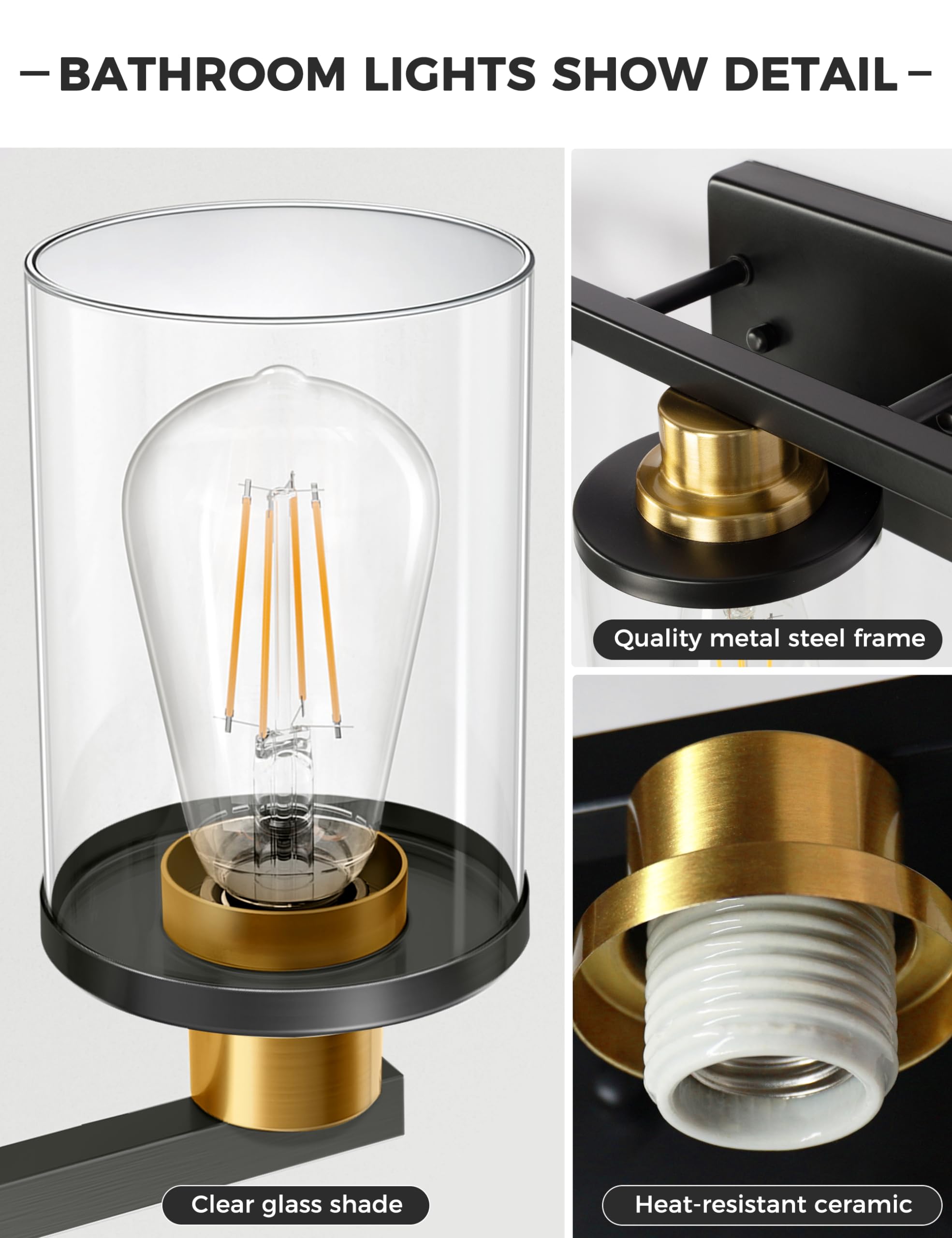 L LOHAS LED 3-Light Bathroom Light Fixtures, Black and Gold, Modern Design, Glass Shade, ETL Listed, Model USA-LK-JQ00501CGB