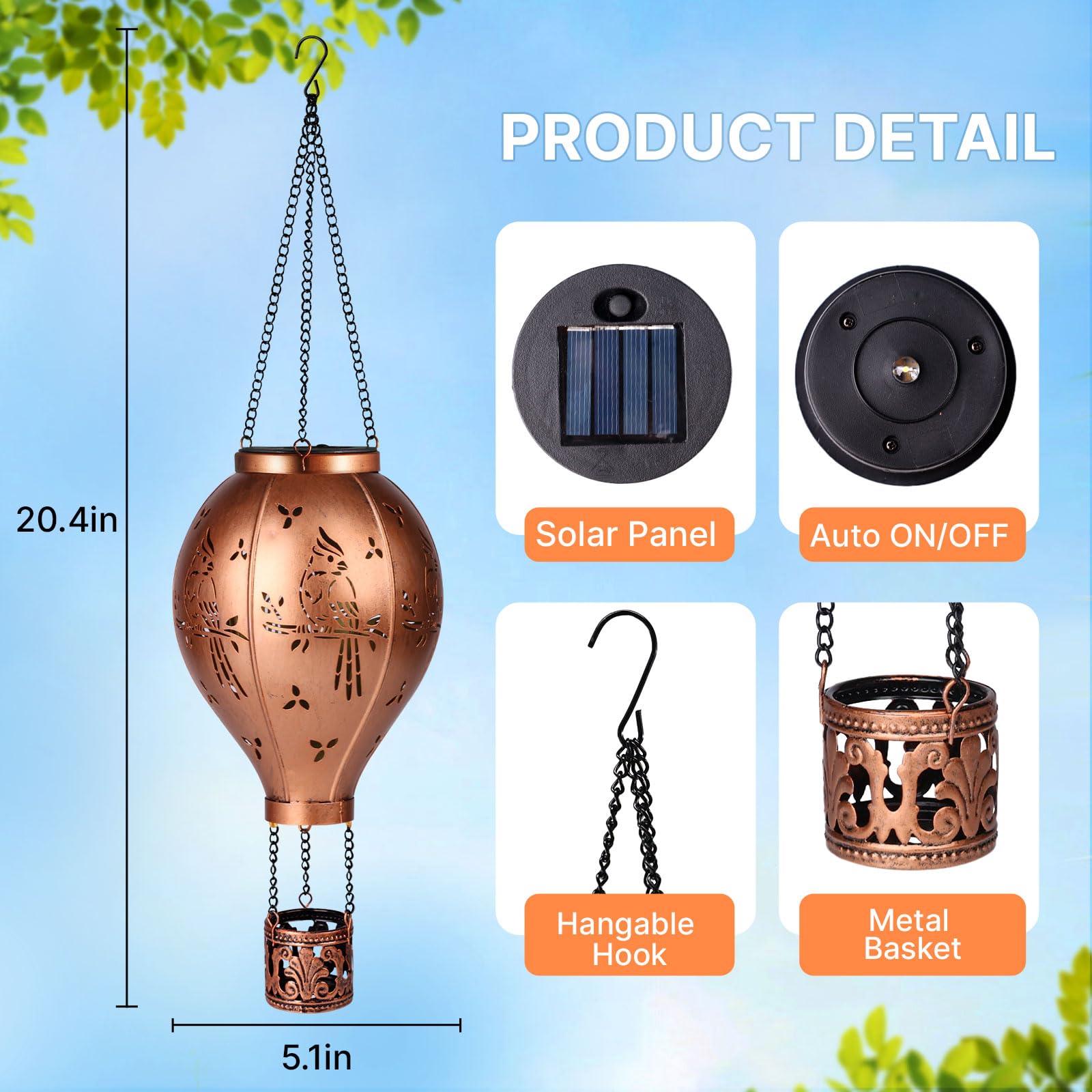 Solar Lanterns Outdoor Waterproof Cardinal Hot Air Balloon Metal Hanging Led Lantern Decoration Garden,Patio,Yard,Porch For Chri