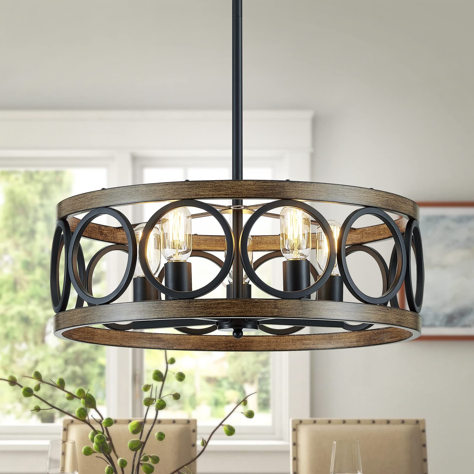 XINGQI 21.7 Modern Chandelier, Farmhouse Drum Chandeliers for Dining Room Living Room Bedroom 5-Light Pendant Lighting Round B