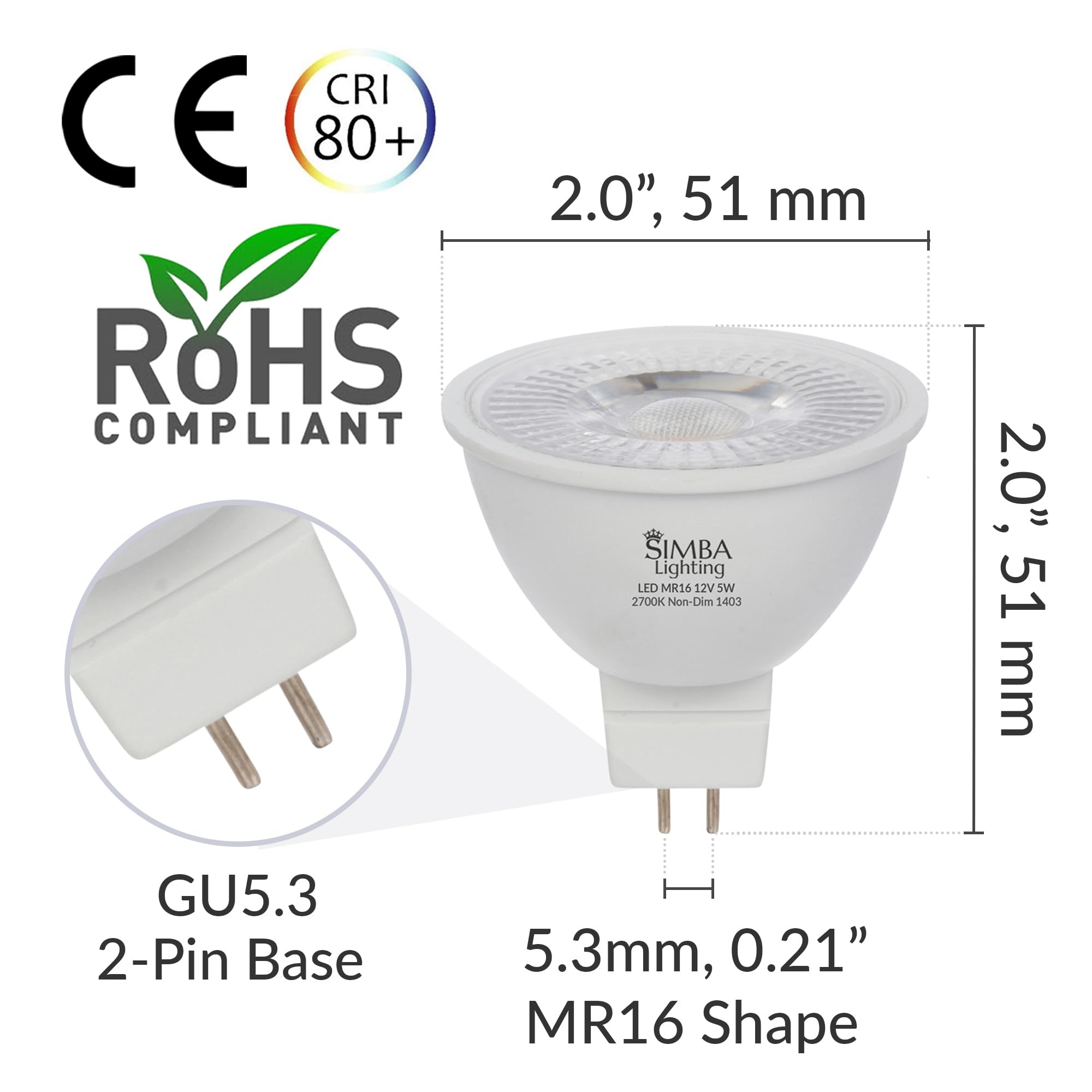Simba Lighting Led Mr16 5W 12V Light Bulb (10 Pack) 35W To 50W Halogen Spotlight Replacement For Landscape  Accent  Track Lights  Desk Lamps  Fwm Exn  Gu5.3 Bipin Base  2700K Warm White  Not Dimmable