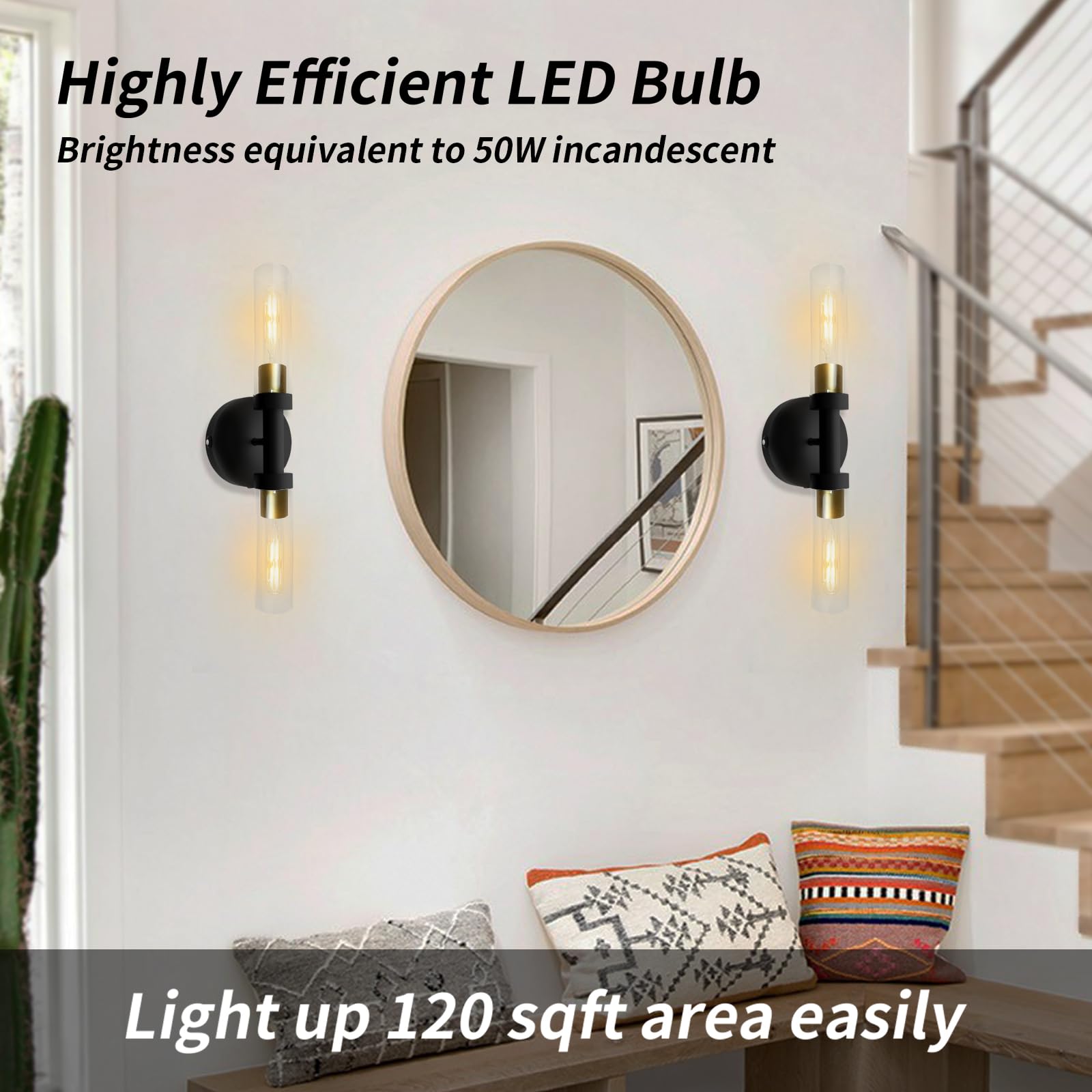 ThyFenno Rechargeable Dimmable Wall Sconce Set of 2, Touch Control, Black Gold & Clear Glass, Model TF-1T L3