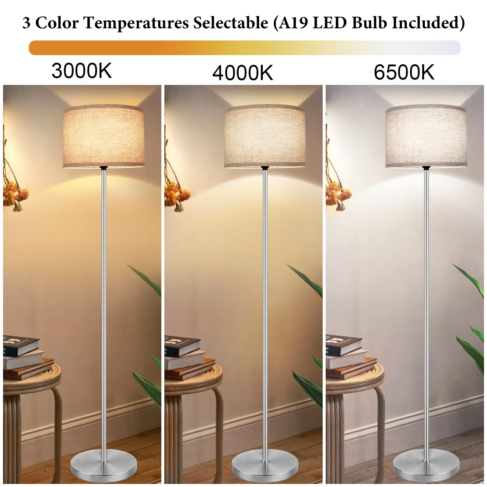 65?Modern Simple Floor Lamp Foot Switch, Silver Standing Lamp For Living Room With 3-Color Changing Led Bulb, Dimmable Led Floor