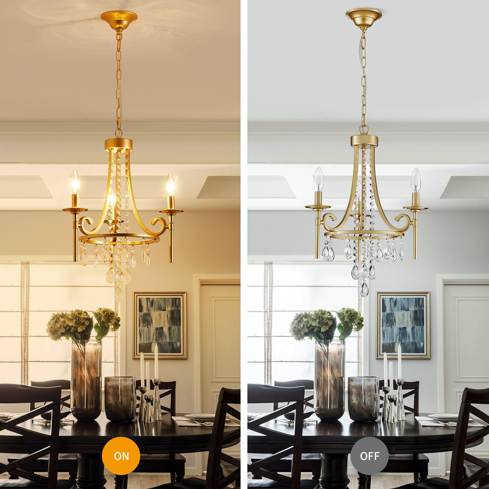 WUZUPS Candle Chandelier 3-Light Pendant Ceiling Light, Gold Metal, E12 Base, 16.1in Wide, 23.8in High, Model CAHD90039-G