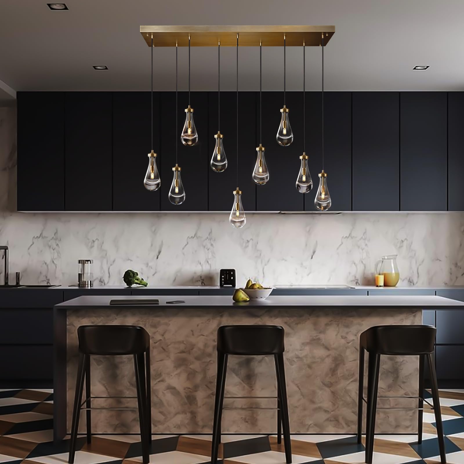 Joyunleo Raindrop 9-Light Brass Pendant Chandelier, Adjustable Rope Hanging Lamp for Dining Room and Living Room
