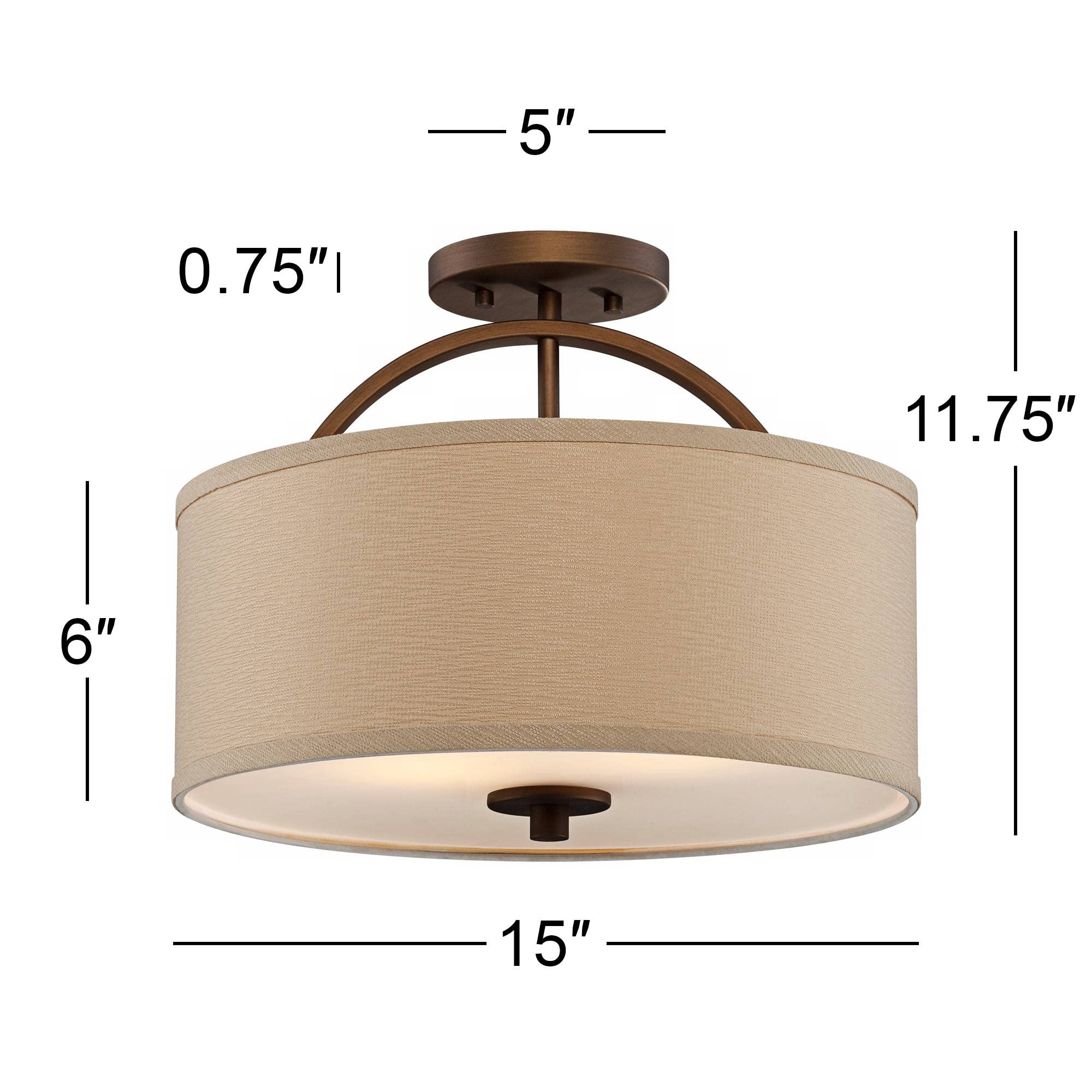 Possini Euro Design Halsted Mid Century Modern Ceiling Light Semi-Flush Mount Fixture Brushed Bronze 15'' Wide Oatmeal Linen Dru
