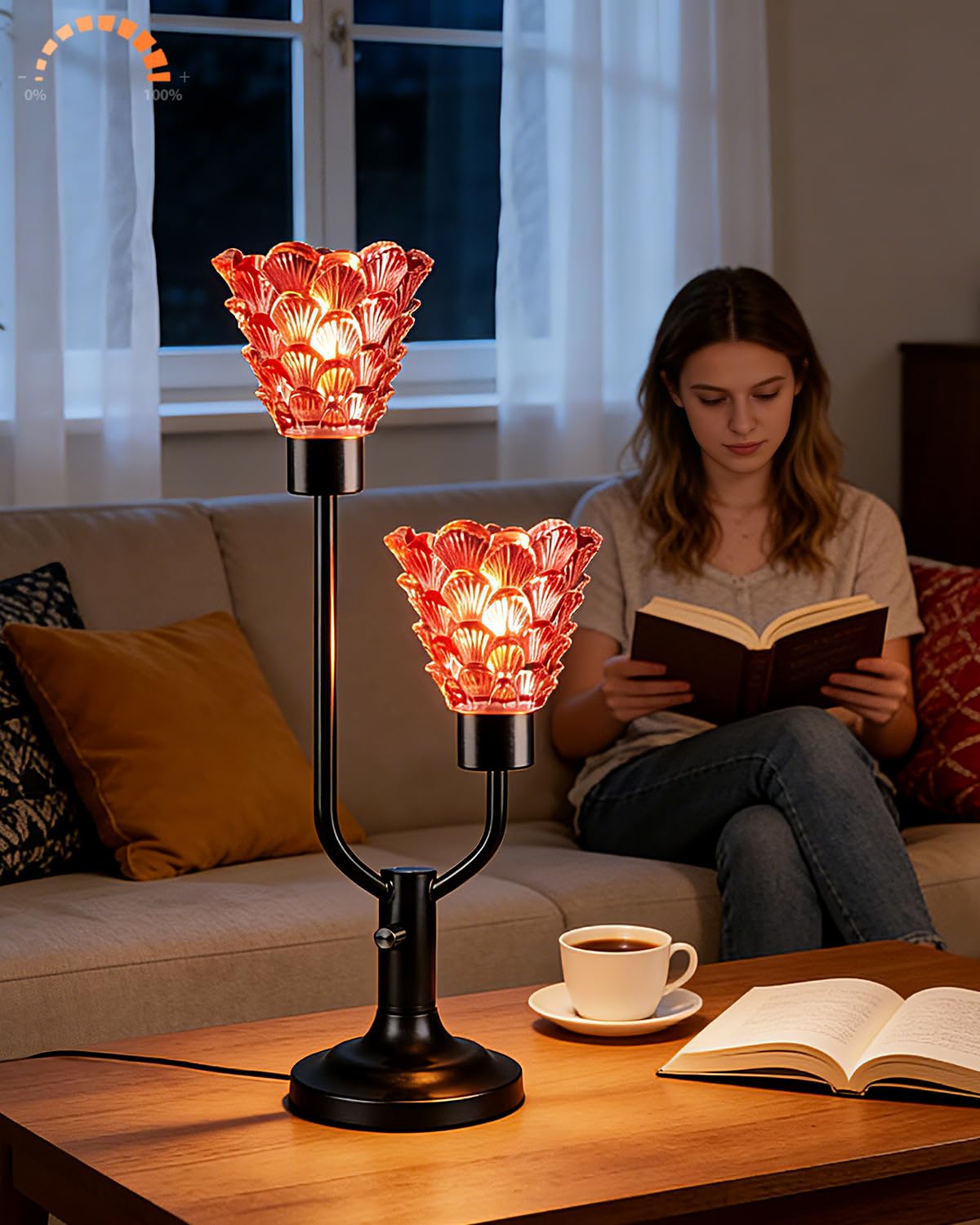 Lightdot Flower Glass Table Lamp Dimmable 2-Light Mid Century Modern Black Desk Lamp with Deep Red Glass Shade& Bulb Included 3000K Warmwhite Nightstand Lamp for Bedroom Bedside End Table