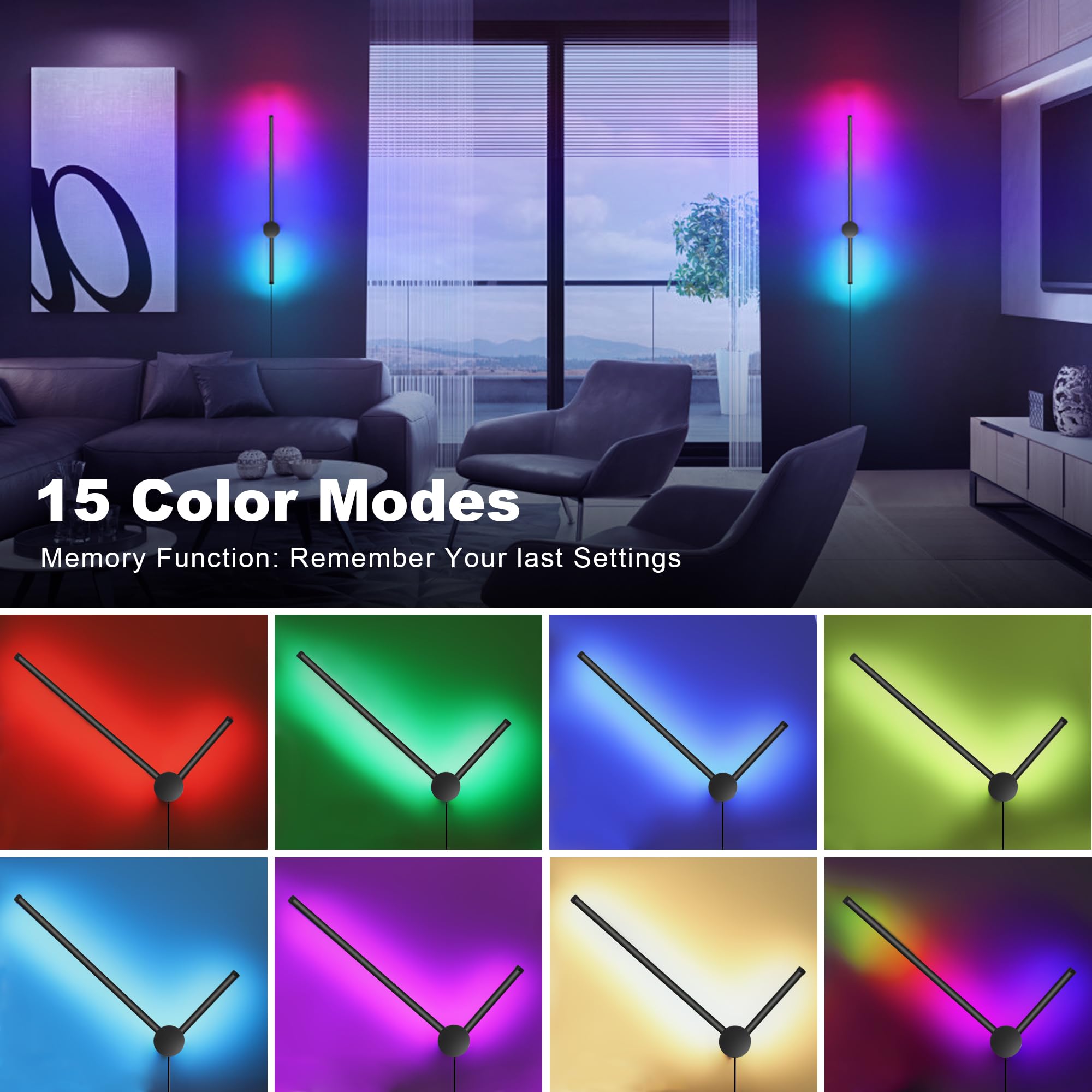 GOODATE RGB LED Wall Sconces Set of 2, 15 Color Modes, Dimming, 23.6 Inches, Black, Model CDG-2PACK, Aluminum Alloy+Silica