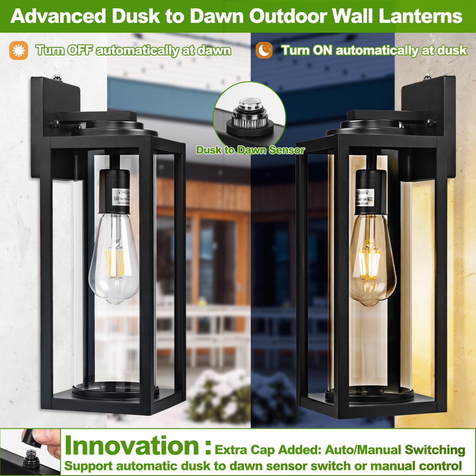 FILIYANO Dusk to Dawn Outdoor Wall Light Fixtures - 2 Pack Waterproof Matte Black Porch Sconces, Model B05054PP
