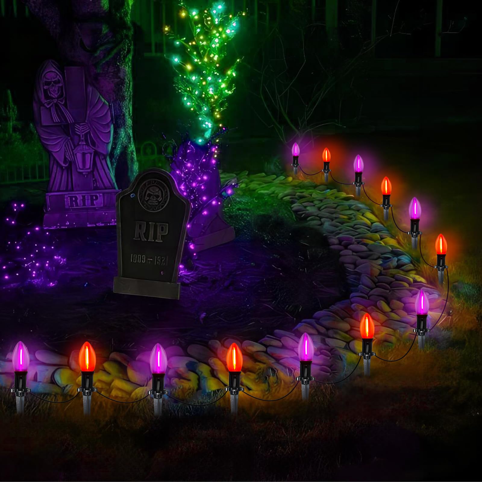 Konictom Halloween Pathway Lights, 10 Pack C9 LED Orange/Purple, 19.5Ft, Outdoor Stake Lights for Garden Yard Decor