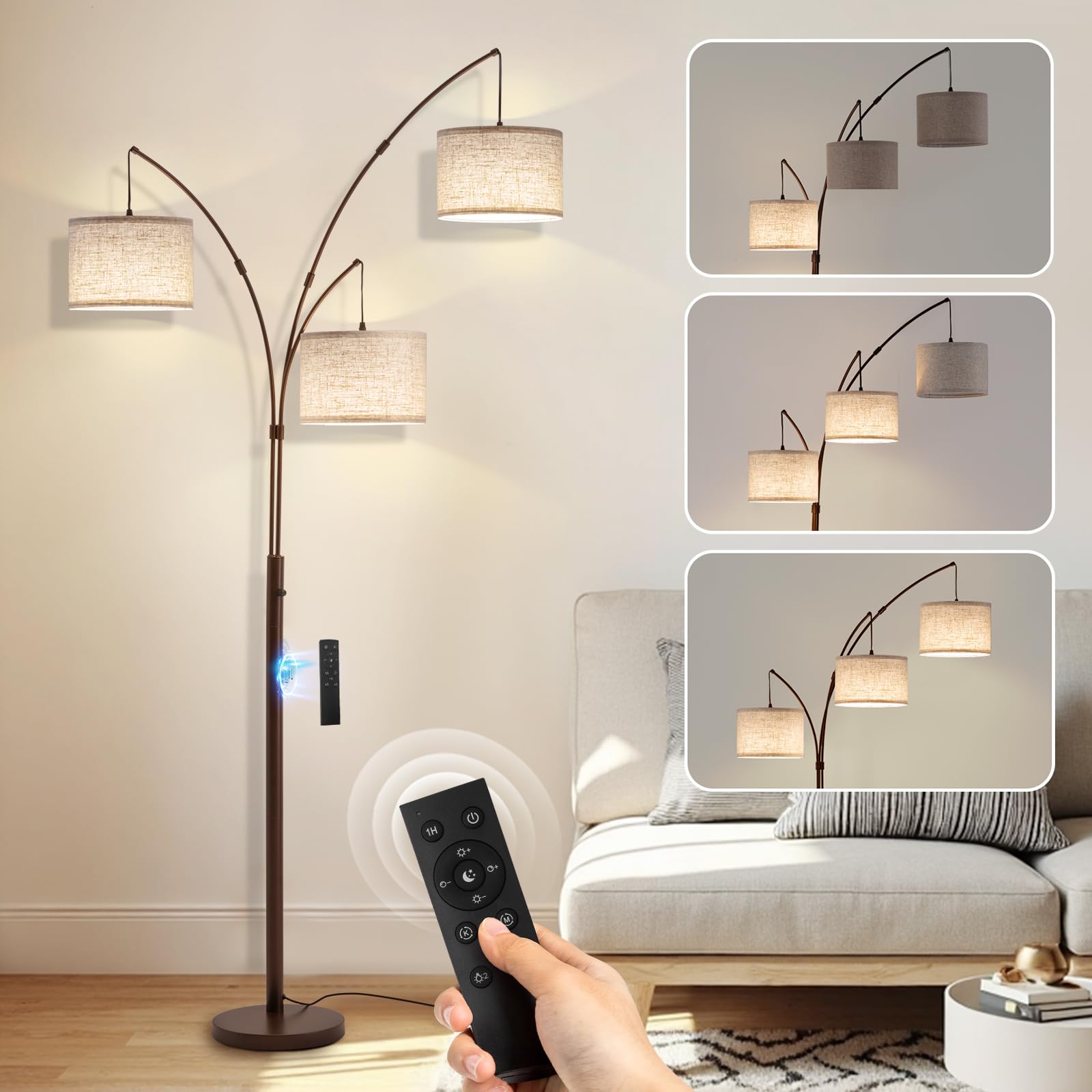 Netin 3 Light Arc Floor Lamps for Living Room, Dimmable Floor Lamp with Remote Control, Modern 80 Tall Standing Lamp, 3 Color Te