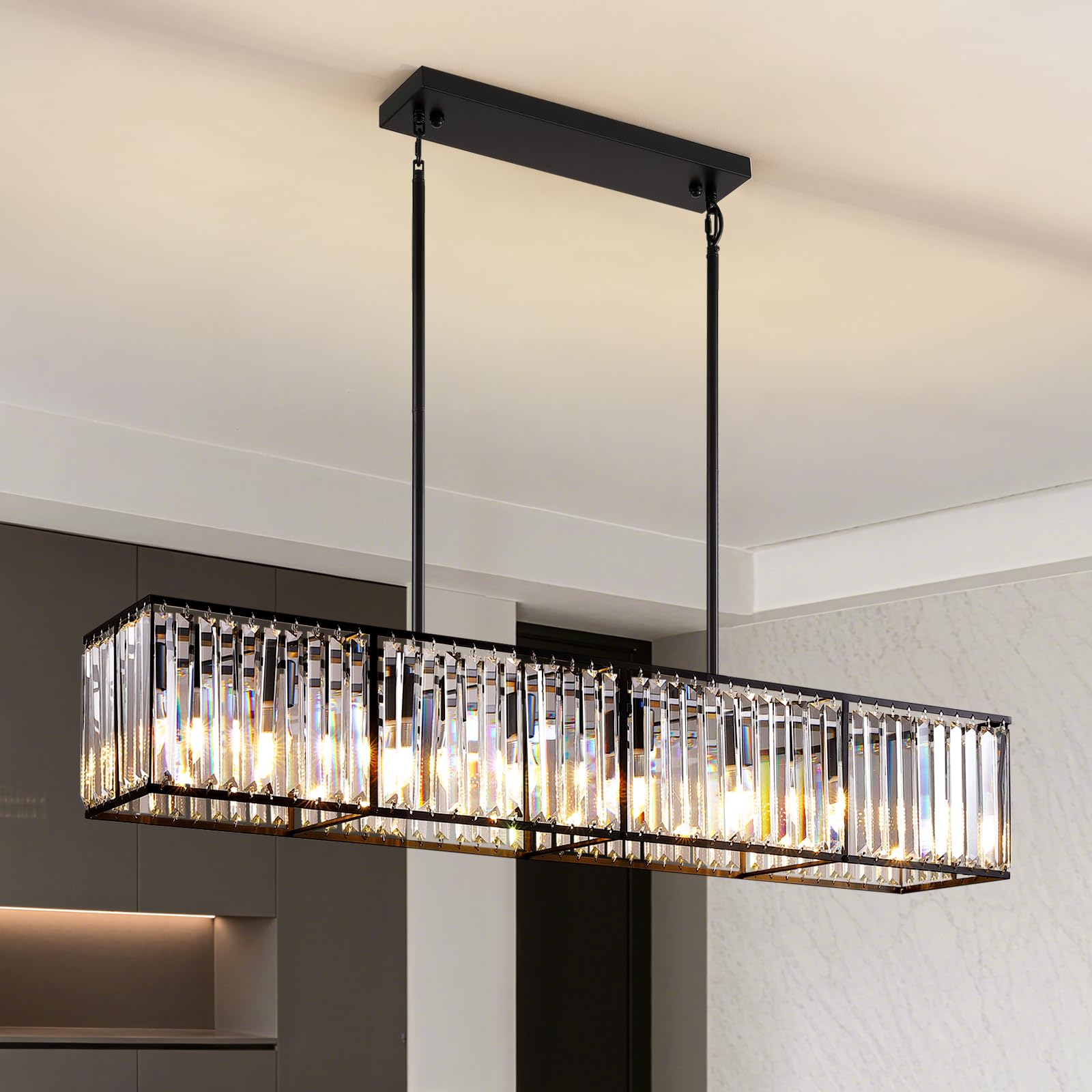 Siljoy Modern Crystal Chandelier for Dining Room  7 Lights Black Large Rectangular Farmhouse Crystal Chandelier Industrial Linear Pendant Ceiling Light for Living Room Kitchen Island Bar L47