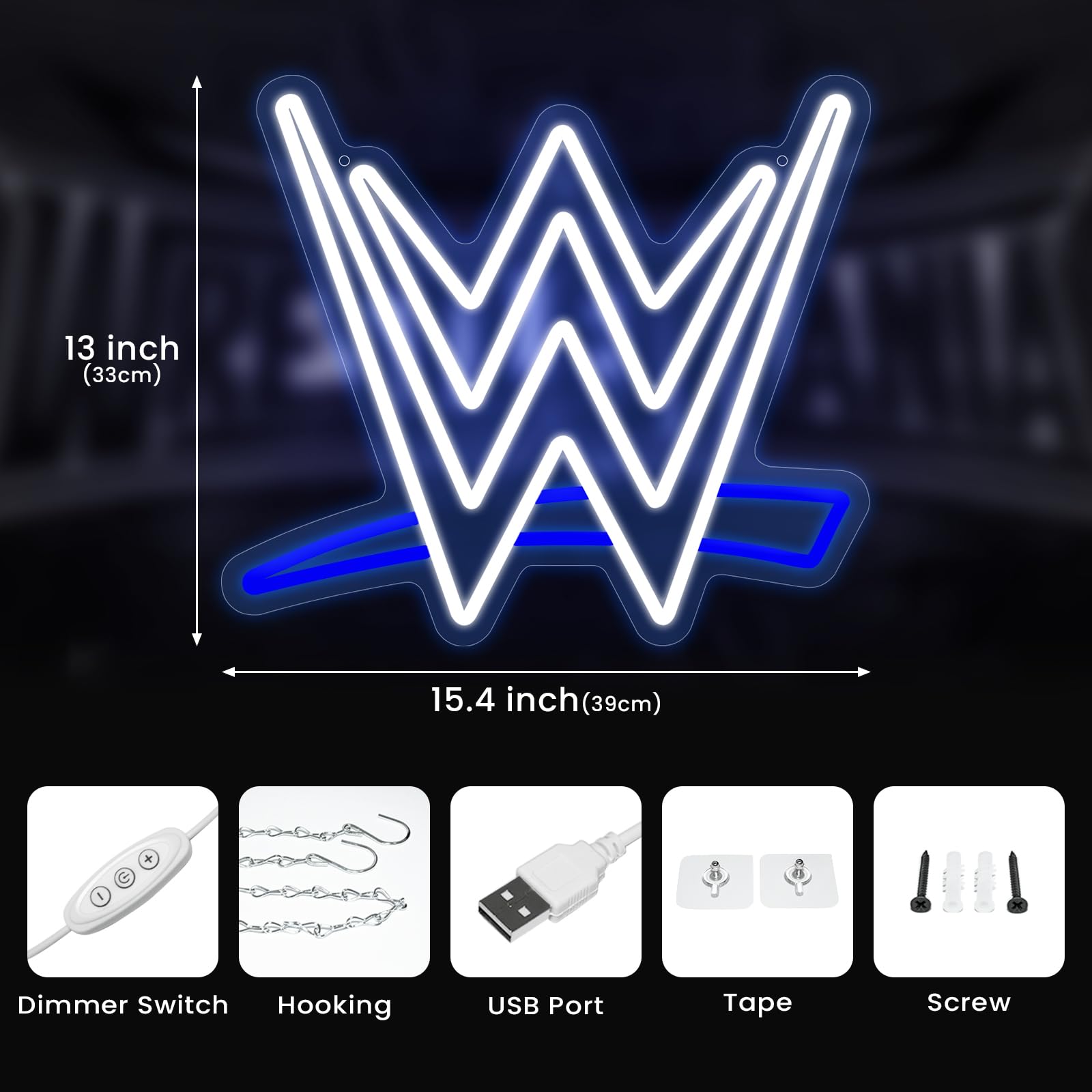 Optiacan LED Wrestling Neon Sign - Blue White Wall Decor, 15.35 x 12.99 inches, USB Night Light for Game Room & Parties
