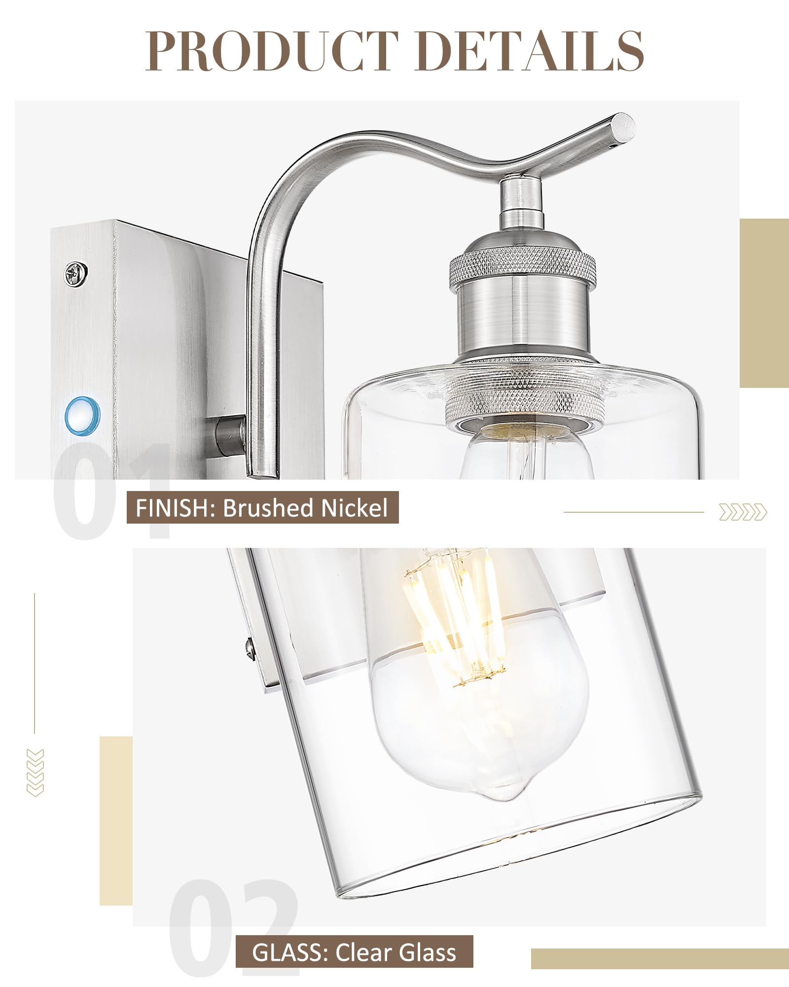 Jazava Brushed Nickel Battery Cordless Wall Sconces  Rechargeable Sconces Wall Lighting Fixture With Clear Glass Shade For Bathroom Industrial Metal Wall Mount Lamp For Bedroom Living Room Zcvl01Bn-1A