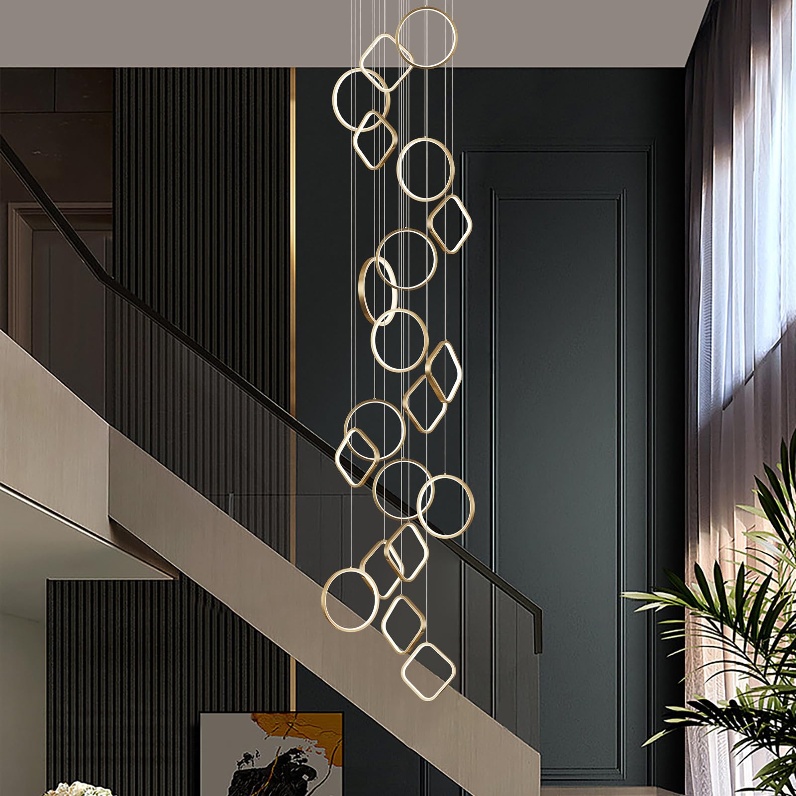 AIRYPHANT Modern LED Chandelier 20-Light Dimmable Gold 3000-6500K Remote Control P2001-20GDC1 for High Ceiling Living Room Entryway