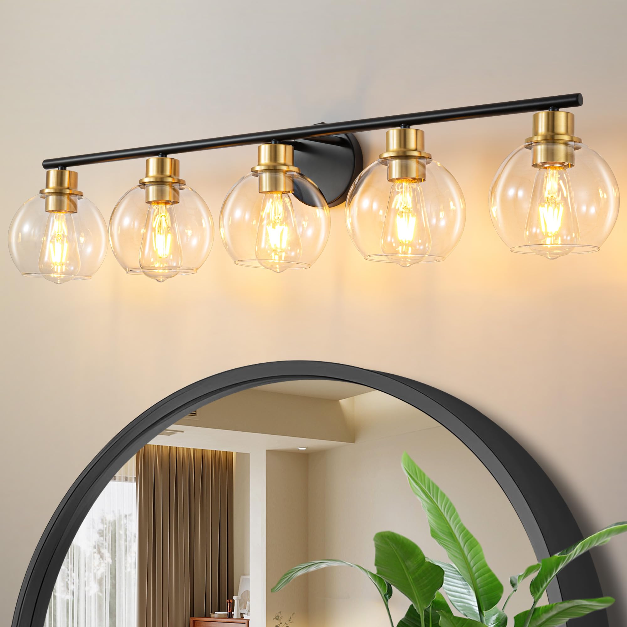 Lanmate 5-Light Bathroom Vanity Light Fixture, Clear Glass Shade, Modern Black and Gold, 37.4 Inch, Model 5495546b-0e59-47b4-a489