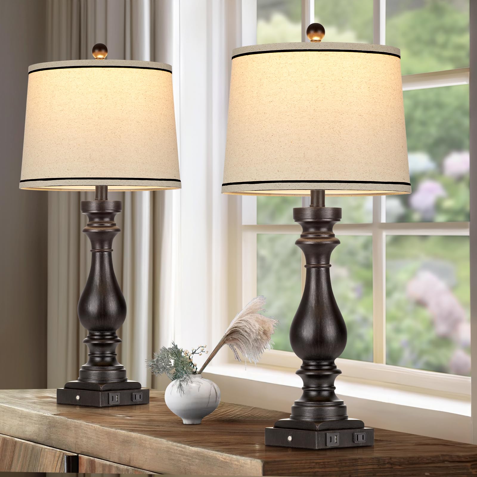 Cinkeda 29" Tall Table Lamp Set of 2 - Vintage Black Touch Control Lamps with USB & AC Outlet for Living Room & Bedroom