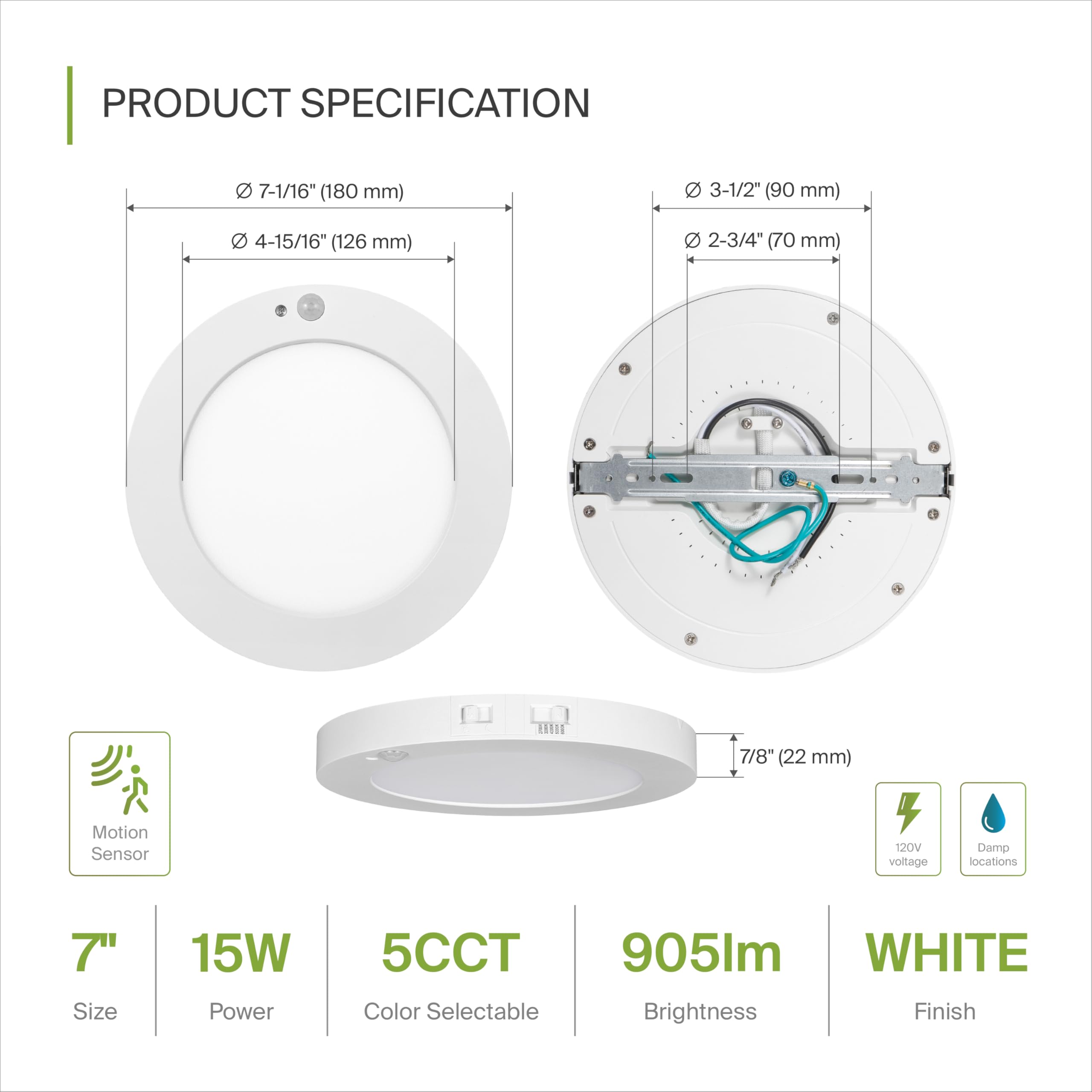 ASD LED Flush Mount Ceiling Light Fixture, 15W 900LM, 2700-6000K, Motion Sensor, 7in Round, White, Model A-MPR-7N