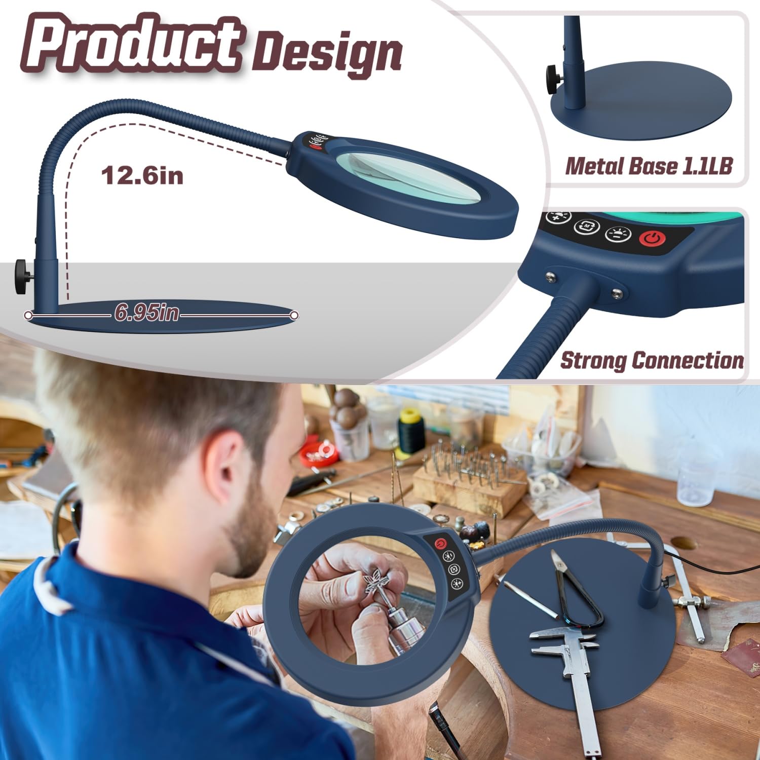 Krstlv 10X Magnifying Glass with Light, Stepless Dimmable LED, Gooseneck Design, Blue, Model EG906