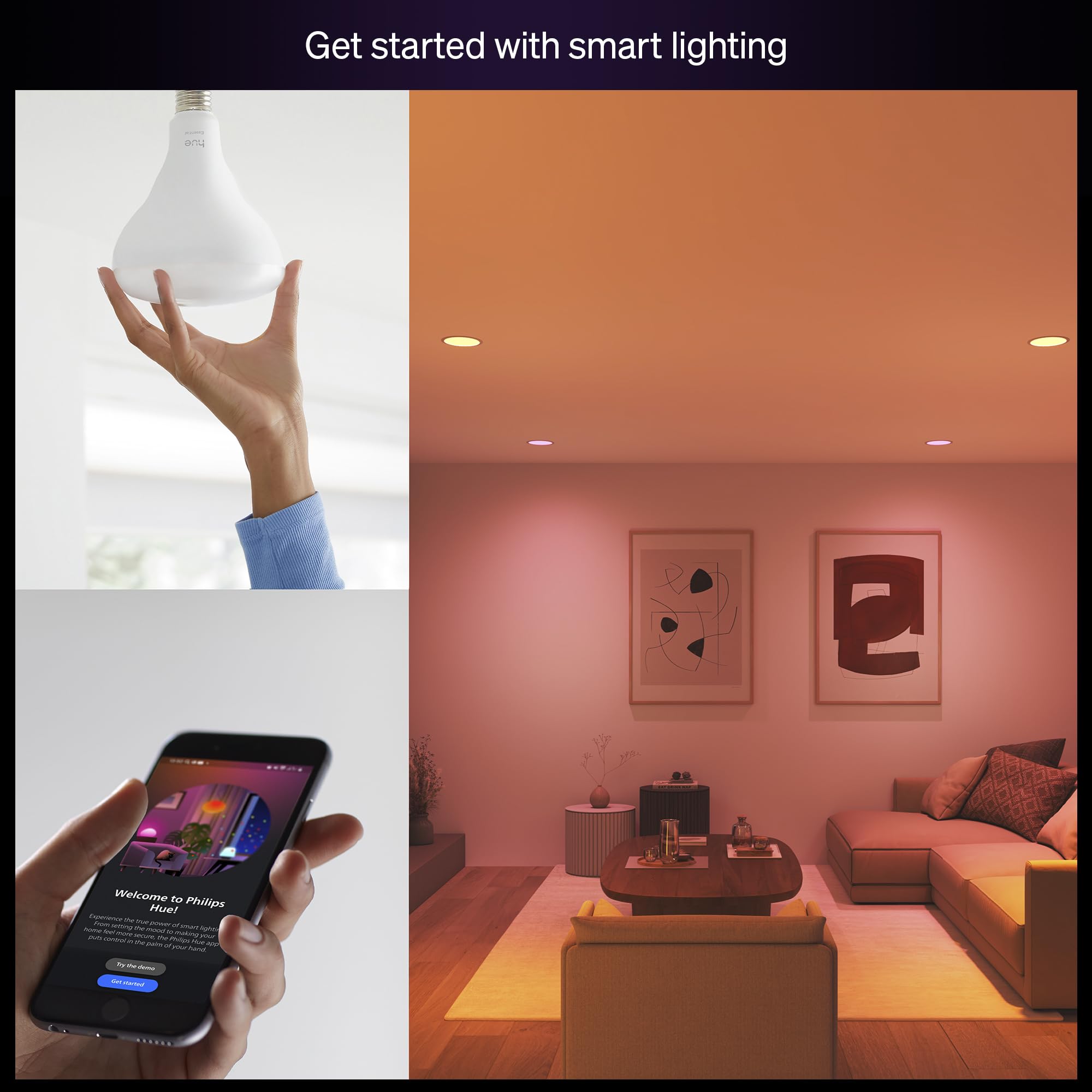 Philips Hue Essential Smart LED BR30 Bulb, White & Color Ambiance, 7.2W, 650 Lumens, Dimmable, E26, 1-Pack, Model
