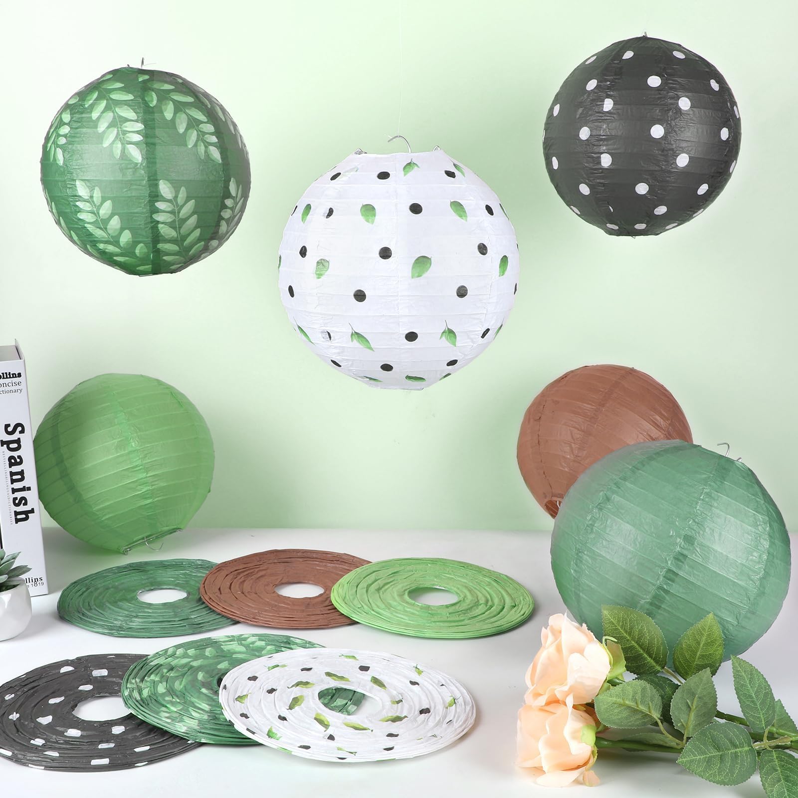 12Pcs Greenery Paper Lanterns Set Classroom Decorations 8Inch Hanging Paper Lanterns Ceiling Decorations Paper Lanterns For Green Boho Weeding Birthday Bridal Showers Neutral School Classroom Decor
