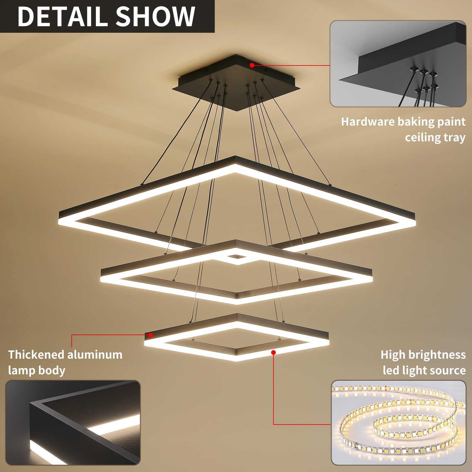 Matven Pendant Lights Ceiling Chandelier, Remote Control, Dimmable 3 Color Modes, 15.7+23.6+31.4in, Black, Acrylic Anti-Flicker Fixture