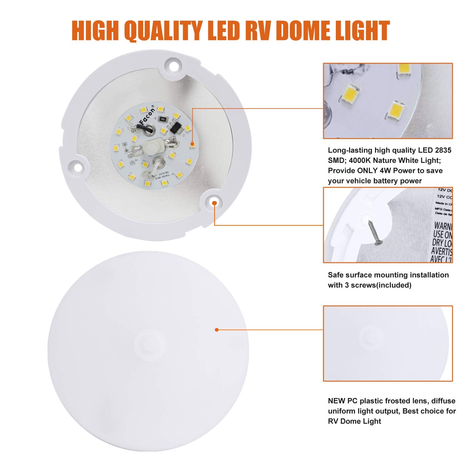 Facon LED RV Interior Light, 4.5 Inch Puck Light, 12V, 4000K Cool White, 2 Pack, Model SY-SM45-SW-4000