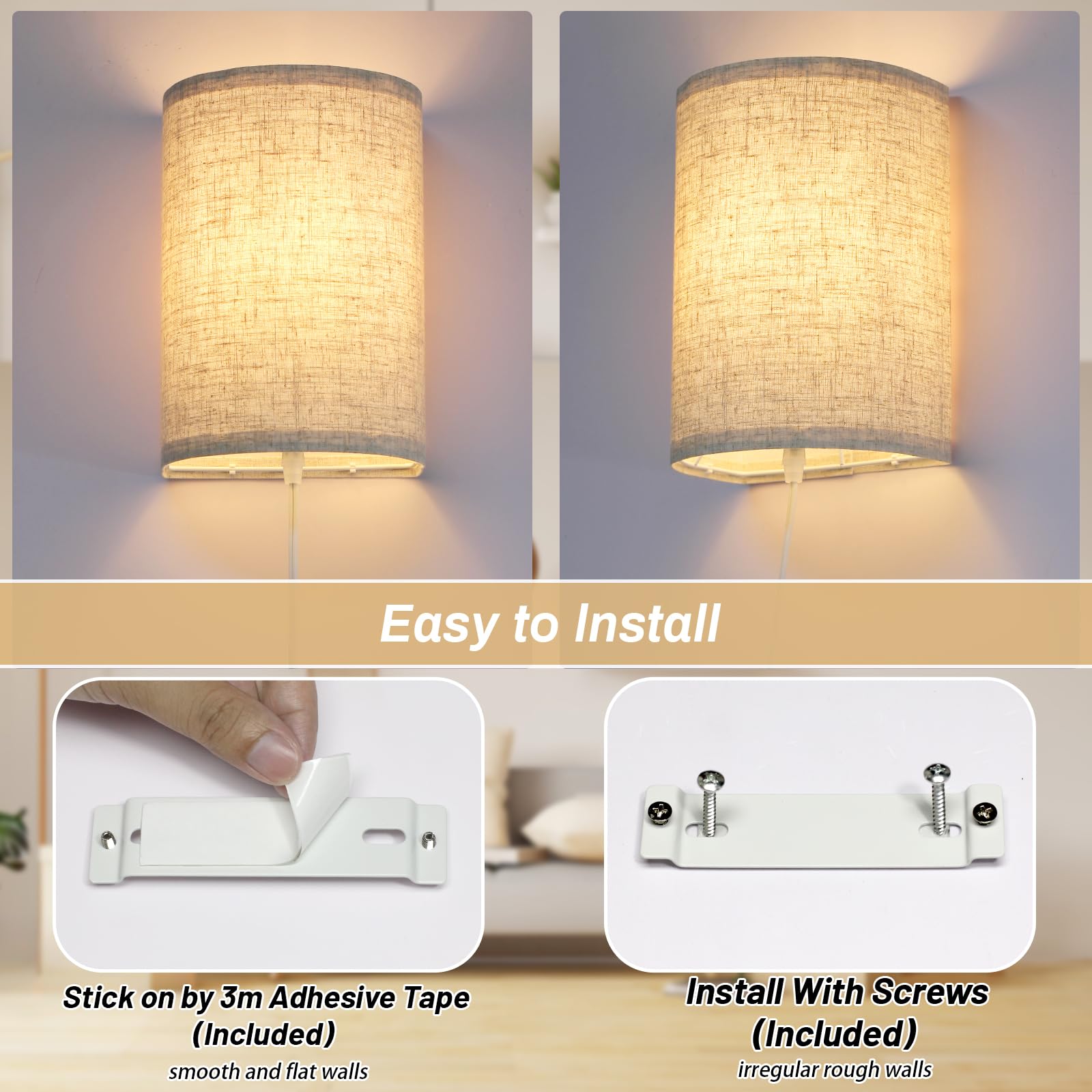 FINCMY Wall Sconce Light Set of 2, Dimmable Plug in Sconces with Remote, Beige Linen Lamp Shades, Model LED-AB