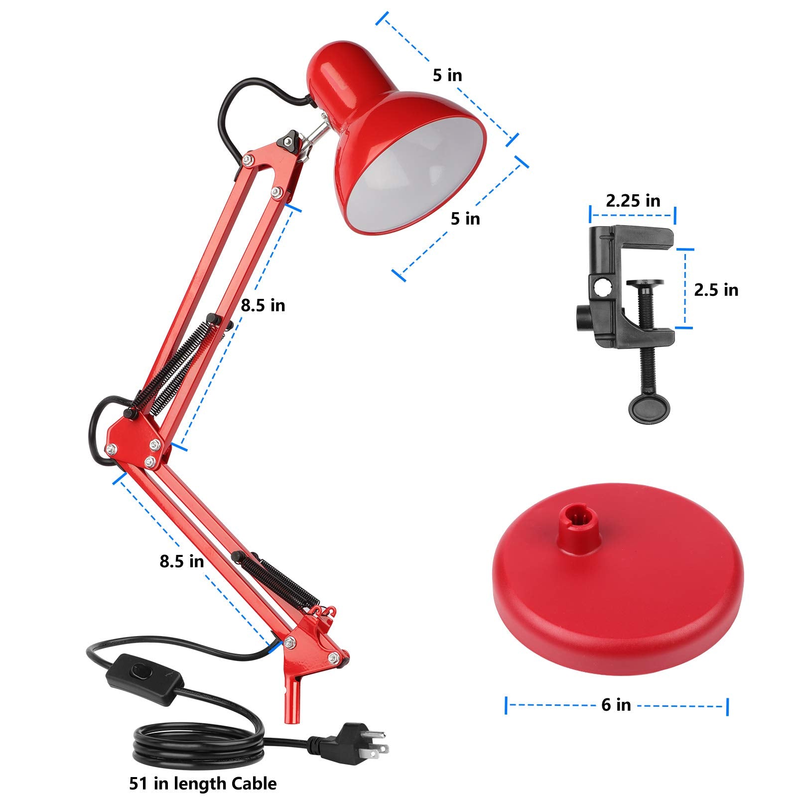 AmeriTop Adjustable Metal Desk Lamp - Goose Neck Swing Arm, Eye-Caring with Interchangeable Base or Clamp, Red