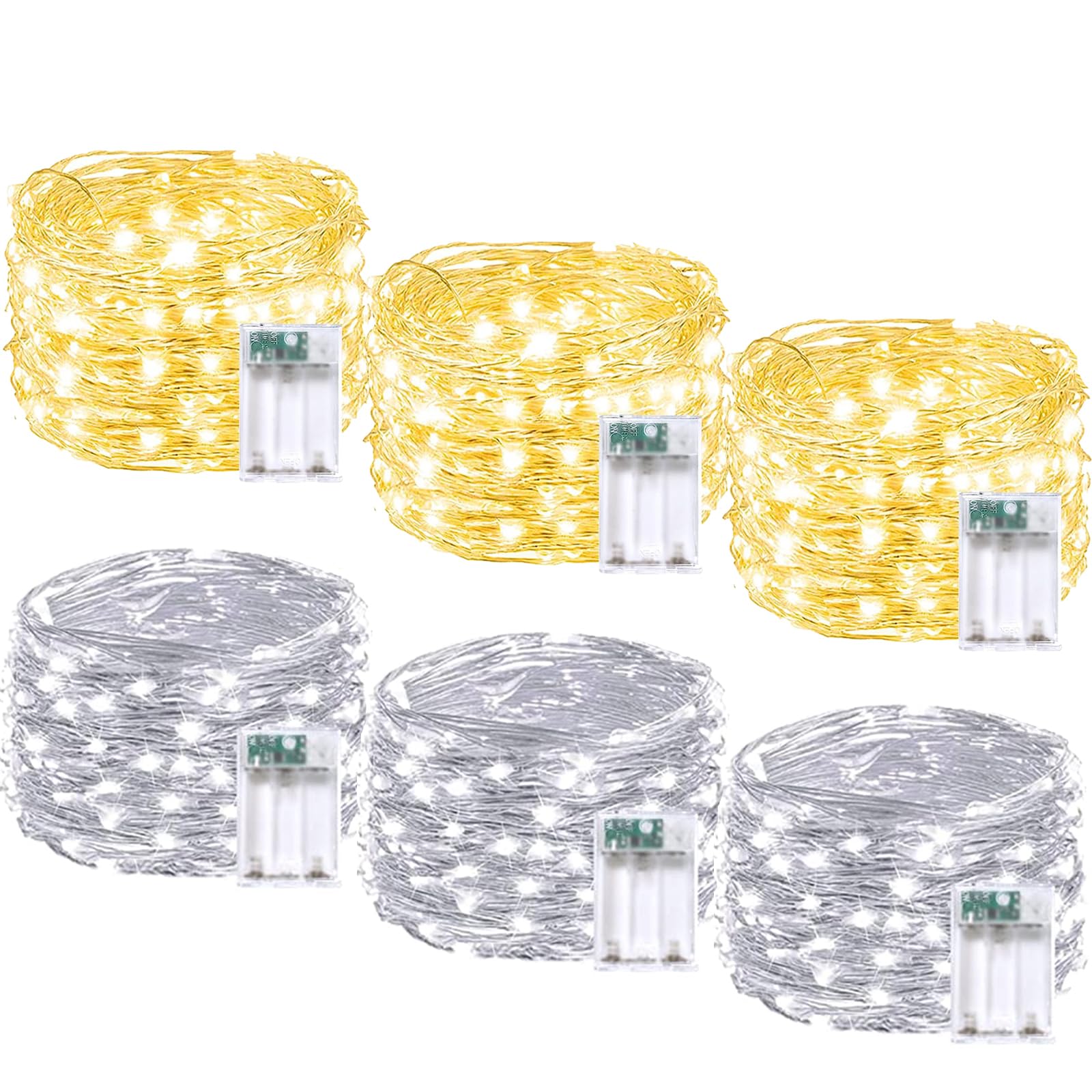6 Pack Fairy Twinkle Lights Battery Operated, 3 Pack Cool Whie & 3 Pack Warm White Each 20FT 60 LED Waterproof Outdoor Christmas