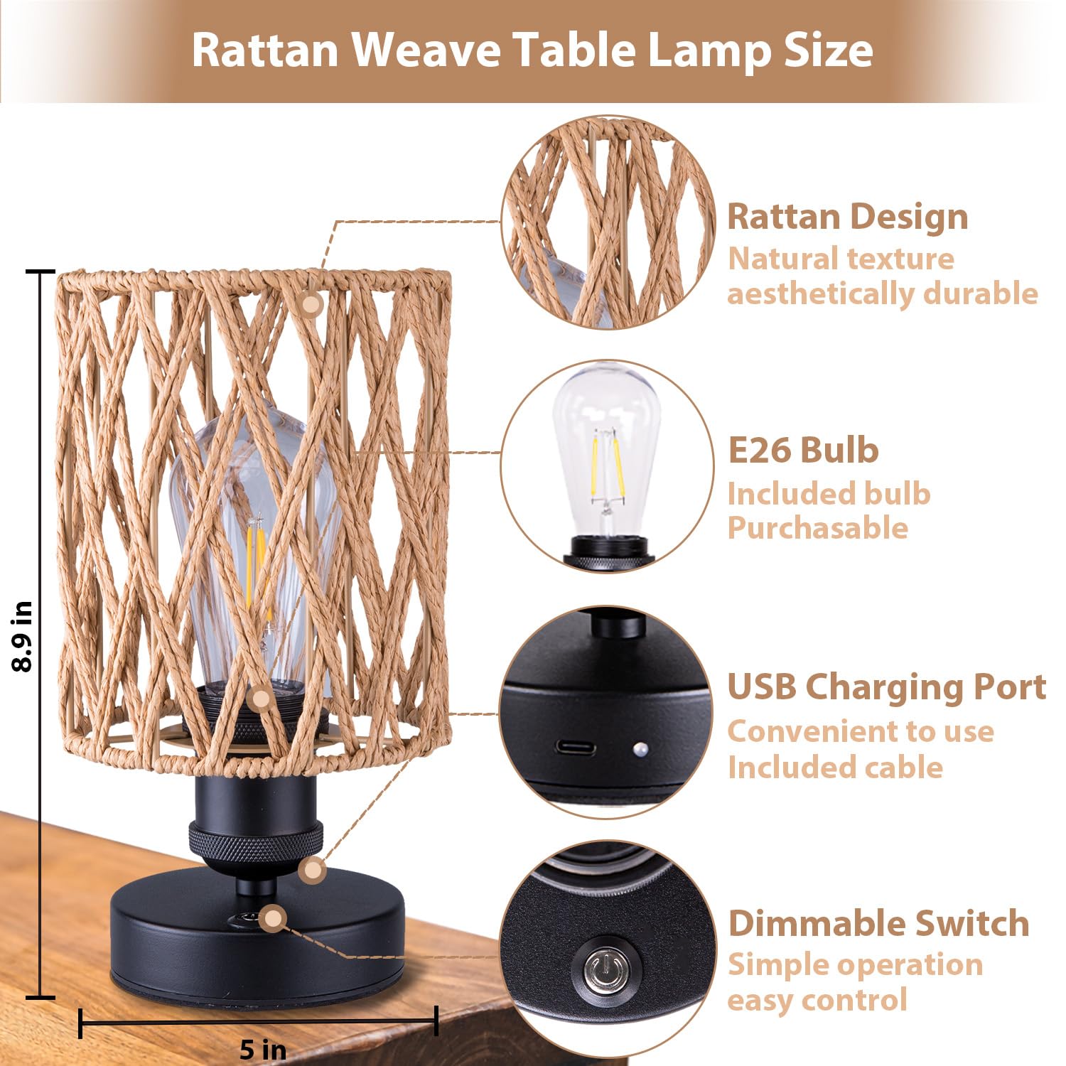 ALL FORTUNE Cordless Outdoor Table Lamps Set of 2, Rechargeable, Rattan Boho, Beige-A, Model KF130689