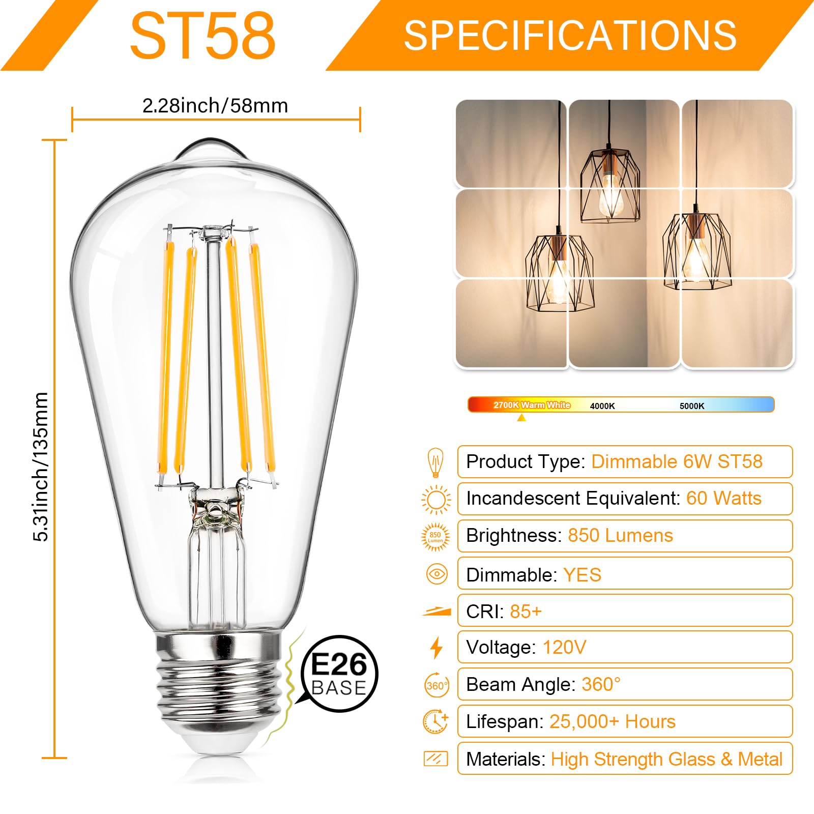 Maxvolador 12-Pack Dimmable Vintage Led Edison Bulb 60W Equivalent, 6W 850Lumens Warm White 2700K St58 Antique Filament Light Bu