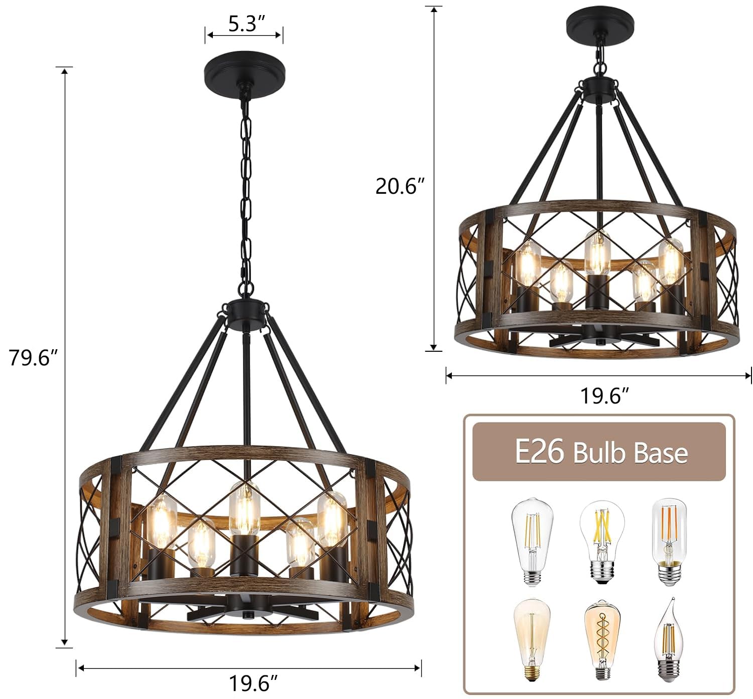 CWarmozy 5-Light Farmhouse Chandelier, 19.8" Adjustable Pendant Light, Black and Brown Wood Texture for Dining Room, Kitchen, Entryway