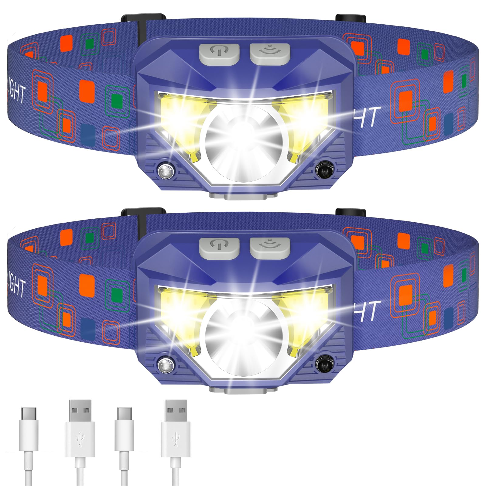 LHKNL LED Headlamp Flashlight, 1200 Lumen, Waterproof, 8 Modes, Rechargeable, 2-Pack, Blue, Model TG-T069