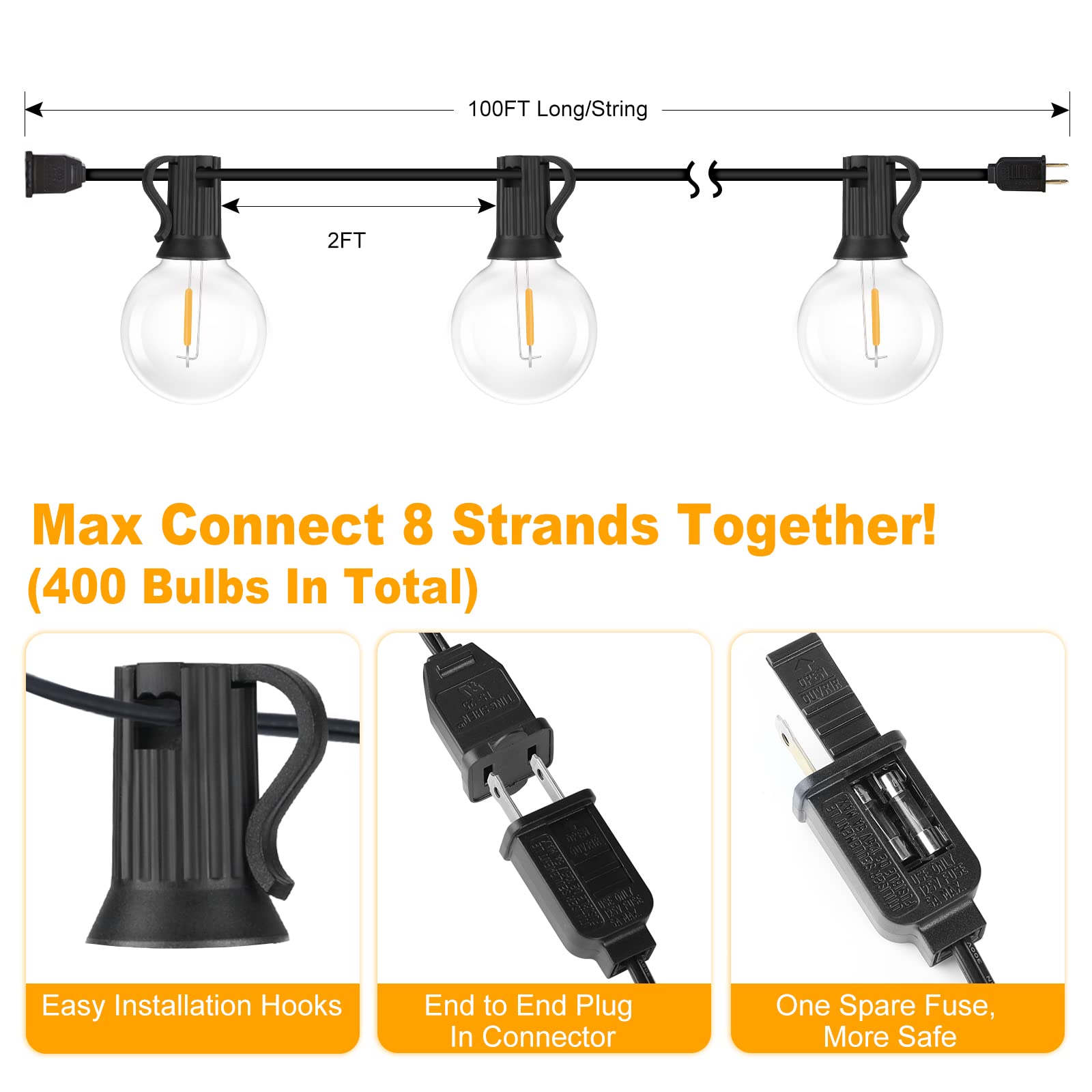 200Ft(100 * 2) Outdoor G40 Led Globe String Lights Dimmable Waterproof Shatterproof Light Strings With 103 Bulbs Connectable Com