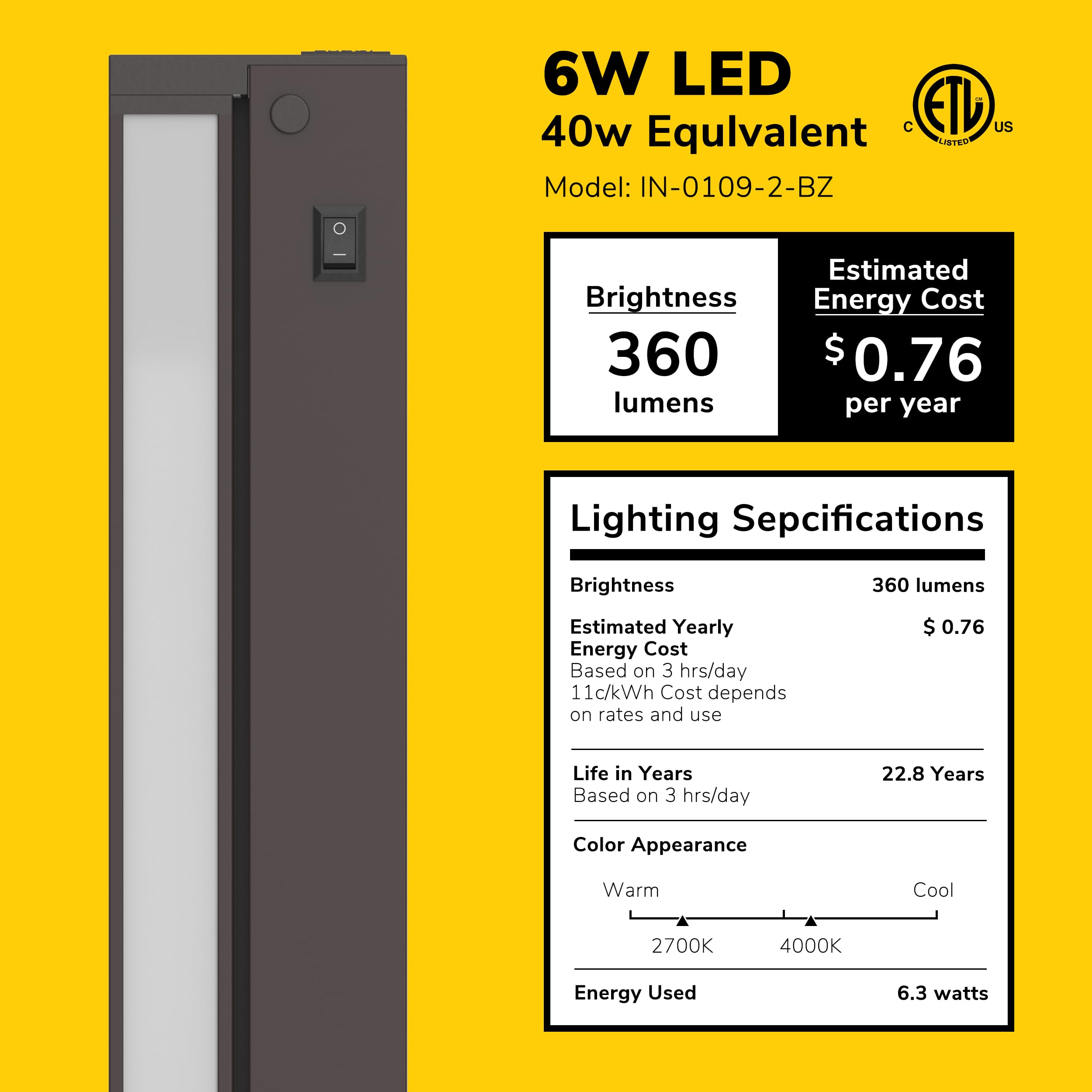 Getinlight 12-Inch Swivel Led Under Cabinet Lighting, 2 Color Levels, 2700K/4000K, Dimmable With Wall Dimmers, Plugged-In Only,