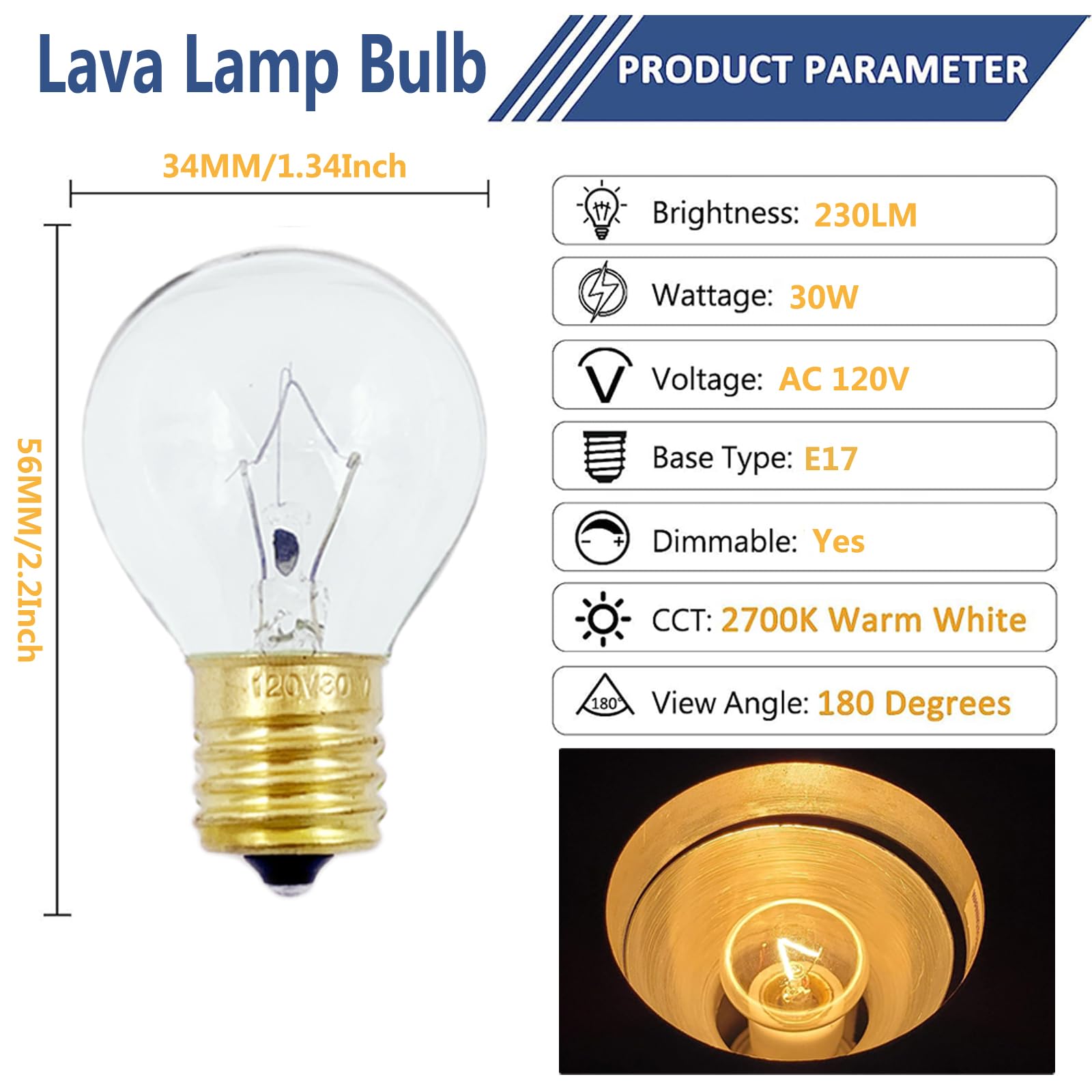 Lava Original 30W Replacement Bulbs For 16-Inch Lamps, Glitter Lamps, Dimmable, Warm White, 6 Pack